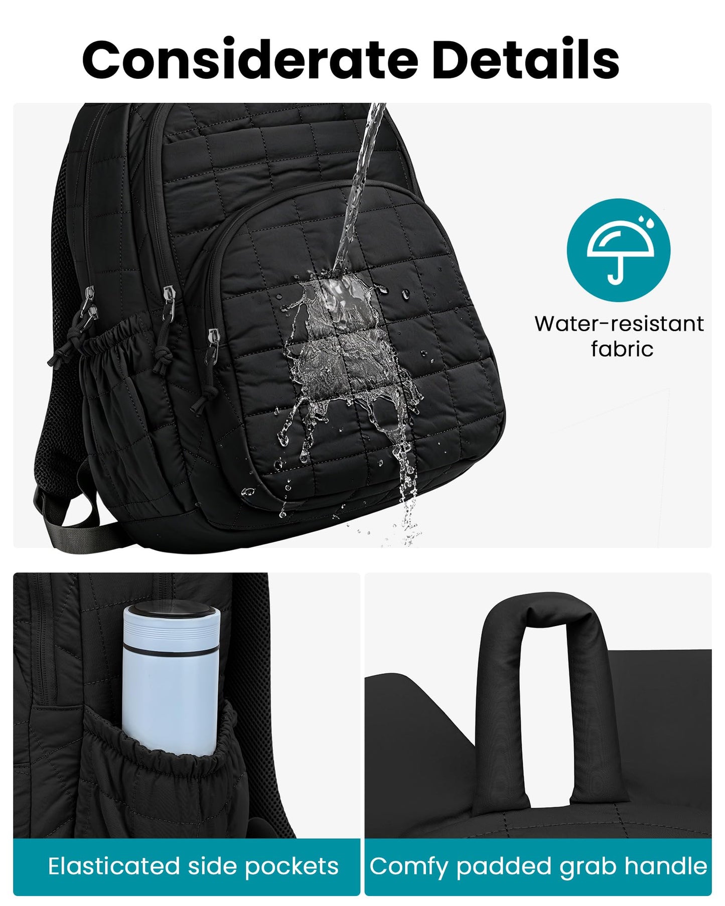 LIVUWERK Laptop Backpack for Women College Bookbag: 15.6 Inch School Backpacks for Teen Girls Quilted Back Pack for Students Womens Casual Work Computer Bag Water Resistant Travel Backpack (Black)