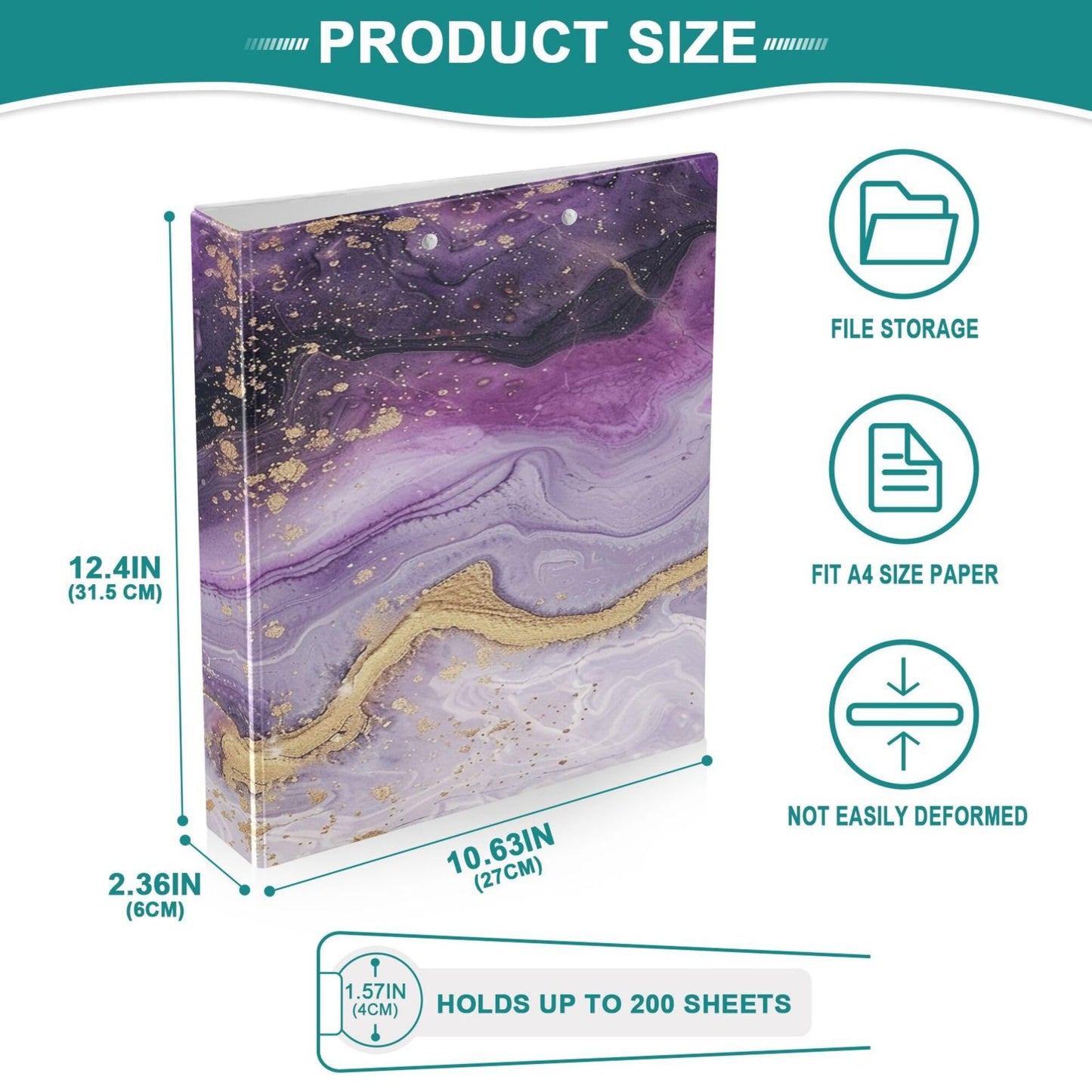 Purple Round Ring Binders 1.5 Inch White Pink Gold Marble Tie Dye 3 Ring Clipboard Binder for Office School Work Supplies File Folder Document 200 Sheet Capacity Easy Open