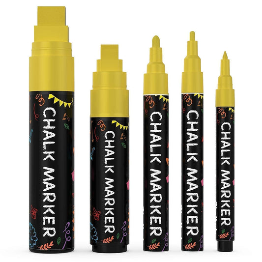 5 Gold Chalkboard Chalk Markers - Gold Dry Erase Markers for Blackboard, Chalkboard Signs, Windows, Glass | Variety Pack - Fine & Jumbo Size Ink Pen (1mm, 3mm, 6mm, 10mm, 15mm)
