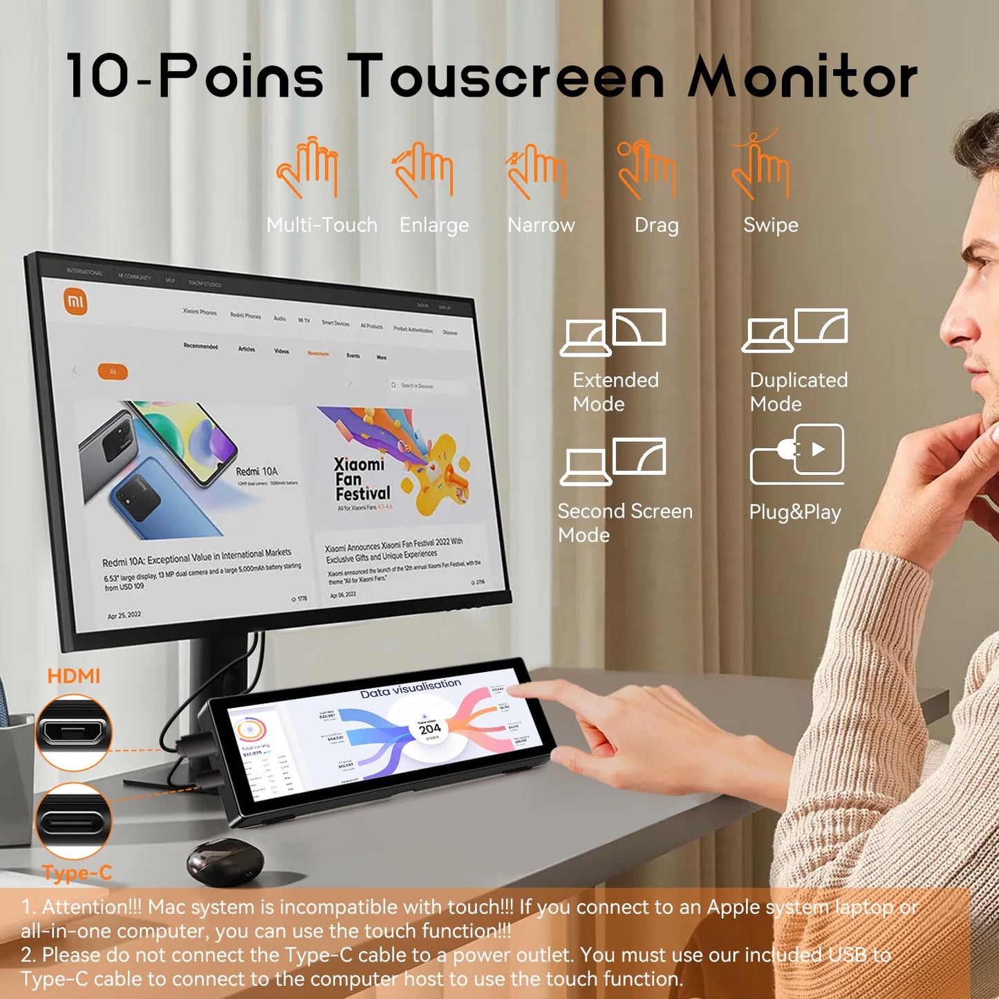 AISHICHEN Mini Monitor for PC, Upgraded 8.8 Inch Small Touchscreen Monitor 1920x480 Stretched Bar Monitor, Sensor Panel Temperature LCD Display, IPS USB Mini Screen for RPi, AIDA64 ARGB Computer Case