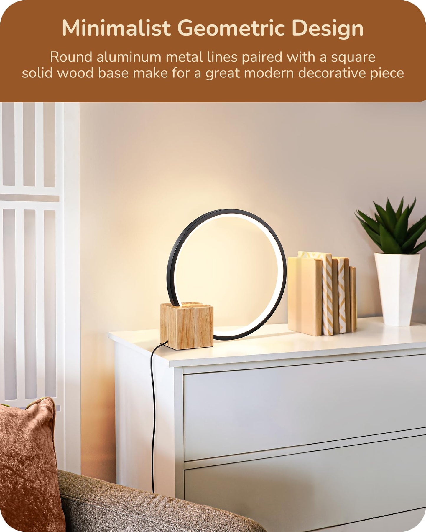 EDISHINE LED Table Lamp with Solid Wood Base, 3 Color Temperatures, 12W, 12inH x 11.8inW x 3.3inD, Black, Model HL
