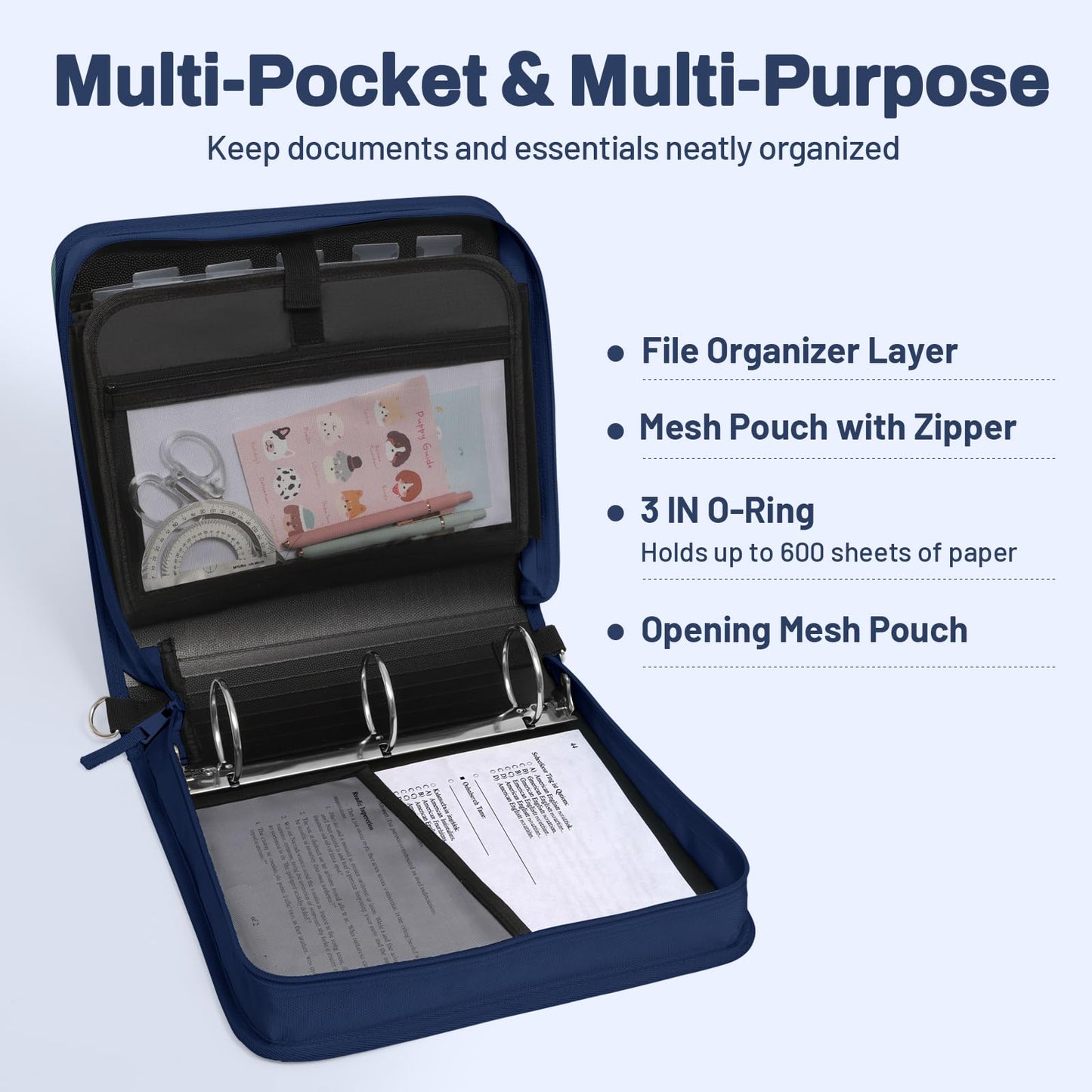 SUNEE Zipper Binder 3 Ring, 3 Inch O-Ring with Handle and Shoulder Strap, 600-Sheet Capacity, 5-Tab Expanding File Folder, Multi-Pockets for Middle School Organizer Binder with Zipper, Navy Blue