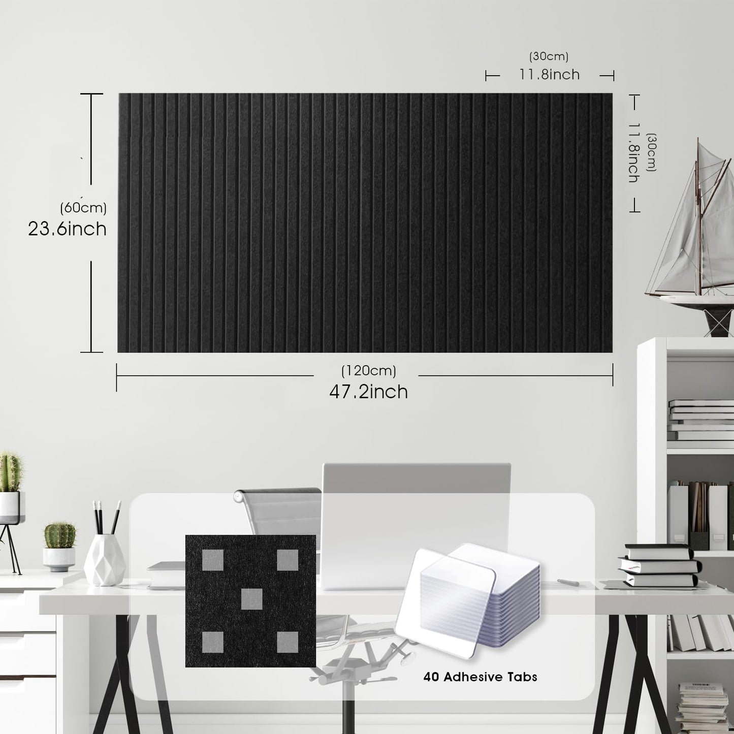 Large Cork Board for Office, 8 Pack Felt Wall Tiles with Slat Wall Paneling and Safe Removable Adhesive Tabs, Felt Bulletin Board Pin Board Cork Boards for Walls - Black