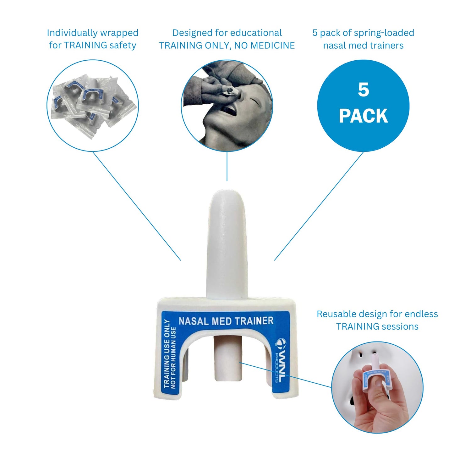 WNL Products 5000NMT Nasal Med Trainer, Naloxone Training Device, for use in Educational Narcan Training Only, Contains No Medicine - 5 Pack