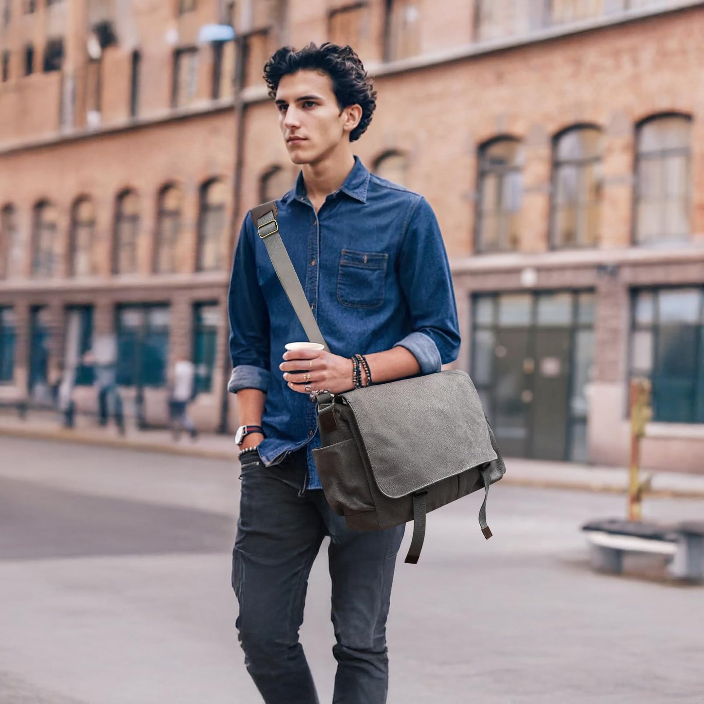 Messenger Bag for men Laptop Bag UnisexRetro Canvas Bag14-15.6 inches Casual single shoulder bag For Work College Travel (grey)