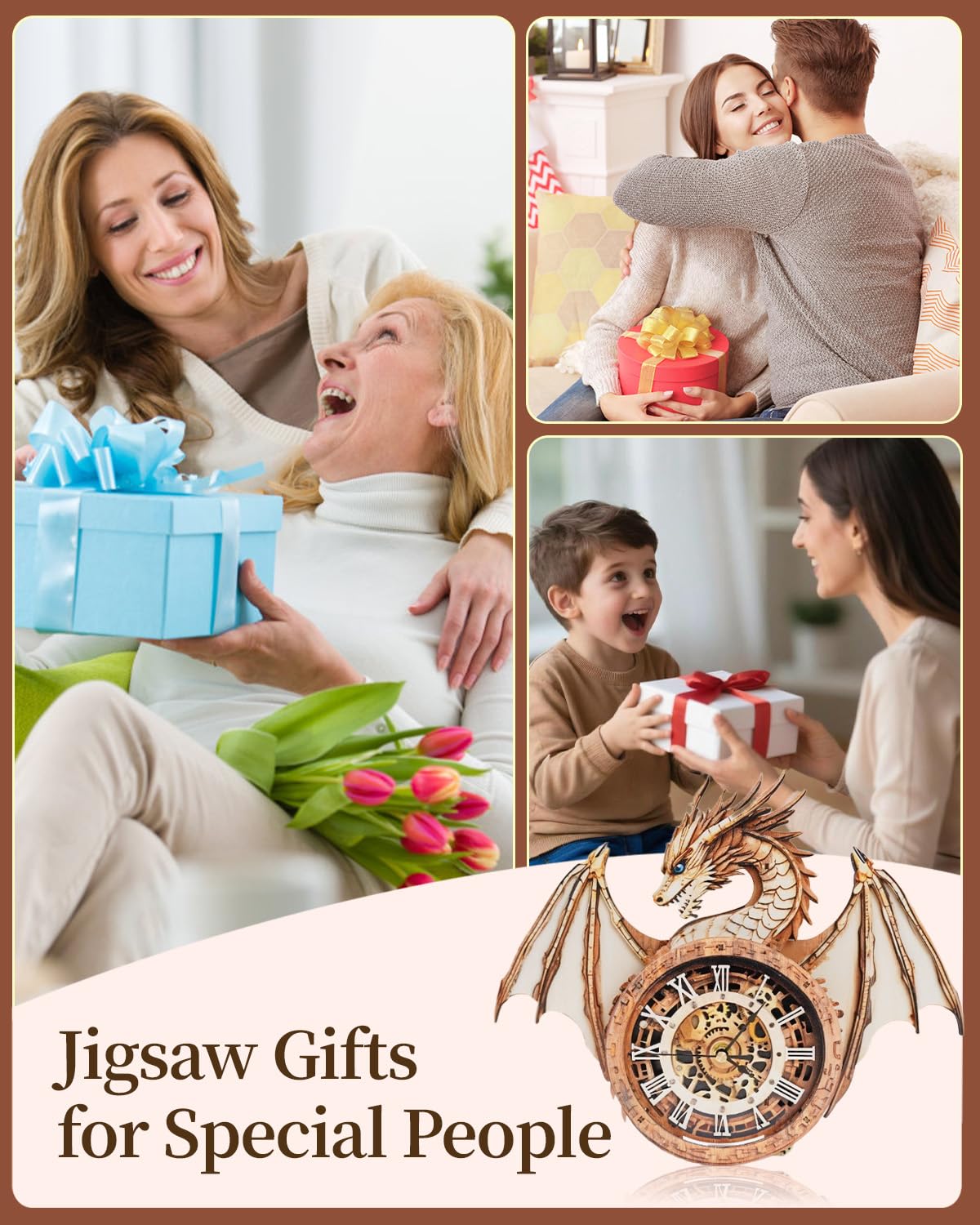 Rnfinewow 3D Puzzles for Adults, 3D Puzzle Dragon Clock Kit (with Pendulum), Wooden Puzzles for Adults Home Wall Decor Dragon Clock Christmas Day Puzzle Gifts for Men Women
