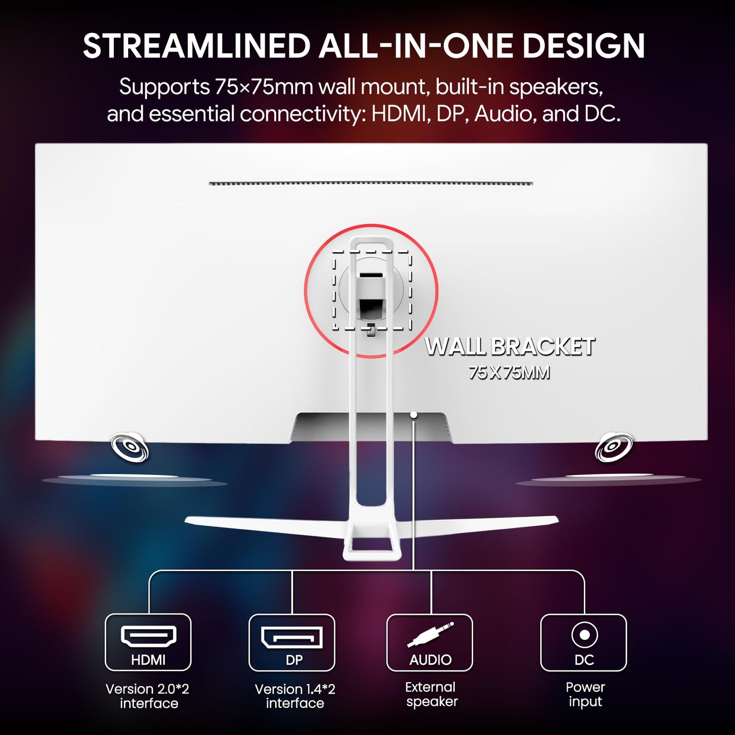 CRUA 34'' White Gaming Monitor, 165HZ/144HZ, WQHD(3440x1440P) IPS UltraWide Screen Computer Monitors with Built-in Speakers, Supports FreeSync, 120% sRGB, HDMI 2.0 & DP 1.4, Wall Mountable Installs