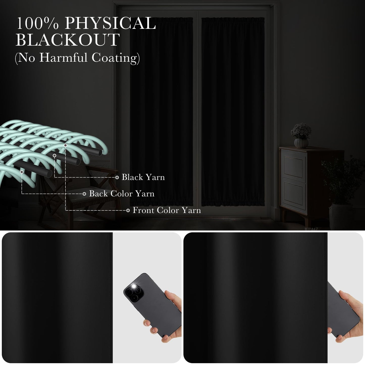 PONY DANCE Black Back Door Curtains for Door Window, 100% Blackout Dual Rod Pocket Privacy French Curtain for Kitchen, Thermal Insulated Small Window Drapes for Classroom, W25 x L40, 1 Panel