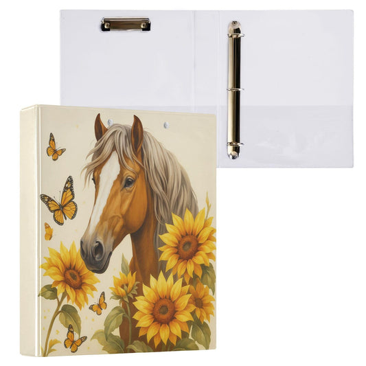 Horse Round Ring Binders 1.5 Inch Butterfly Sunflower 3 Ring Clipboard Binder for Office School Work Supplies File Folder Document 200 Sheet Capacity Easy Open