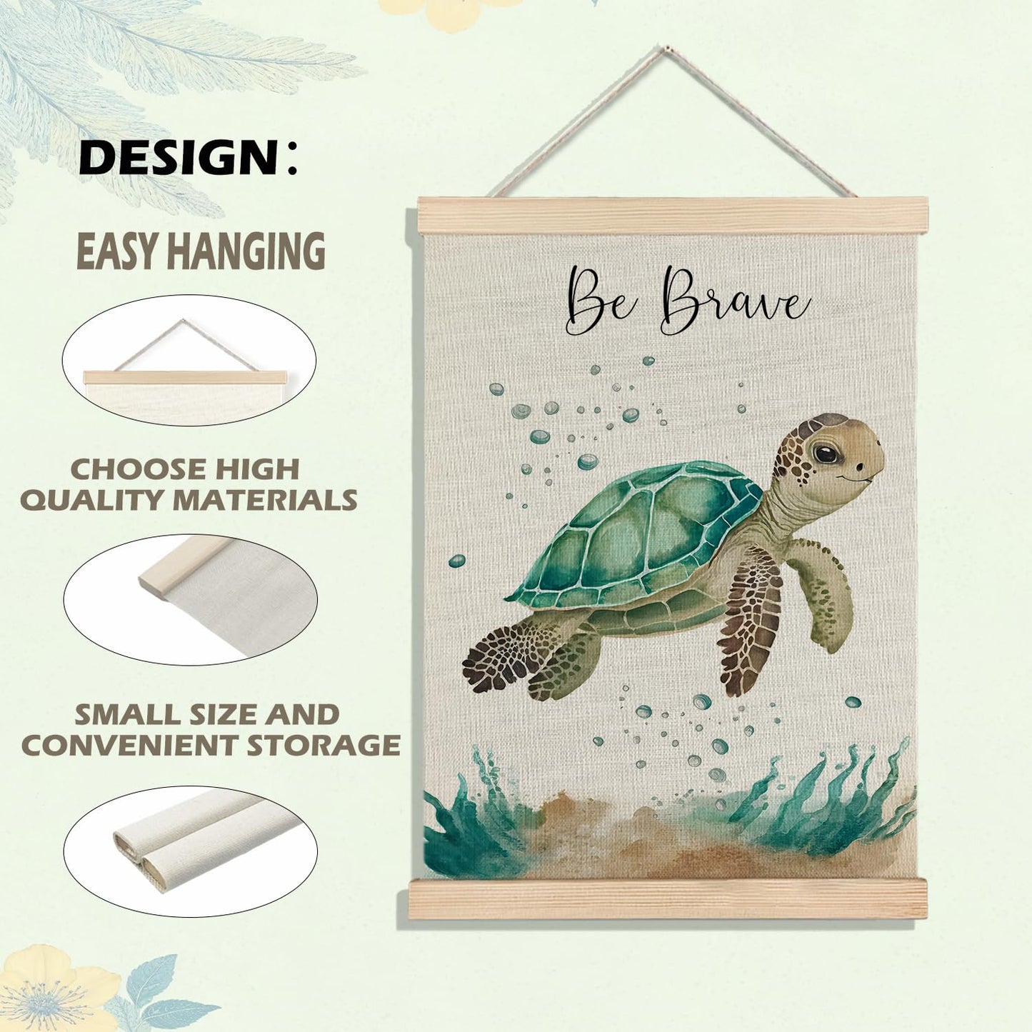 BearCake Ocean Nursery Decor, Sea Turtle Seahorse Under the Sea Wall Art Poster Hanger Frame, Inspirational Beach Nursery Canvas Prints Framed Wall Decor for Kids Room Playroom, 12x16 Inch Set of 2