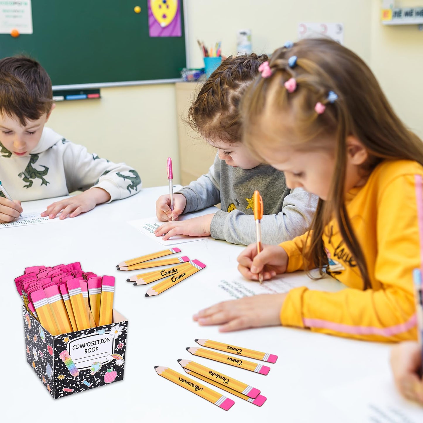Whaline 101Pcs Back to School Spinning Sticks Pencil Flip Name Sticks with Composition Box Teacher Student Grouping Tally for Classroom Educational Learning Activities
