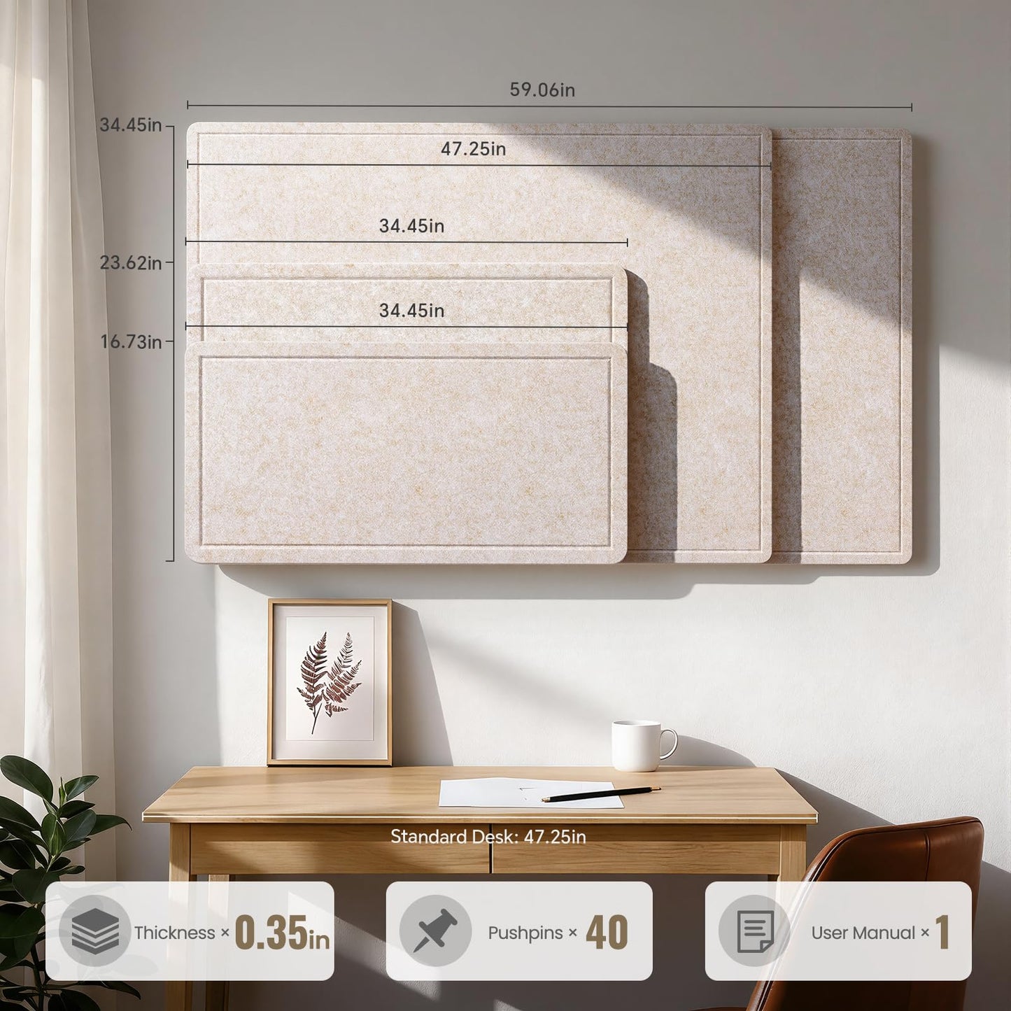 Large Bulletin Board, 35 X 17 Inches Felt Cork Board with 40 Pushpins, Foldable Felt Notice Pin Board Photo Display Board with Self-Adhesive Tape for Office Home School (Oatmeal, 35x17 inch)
