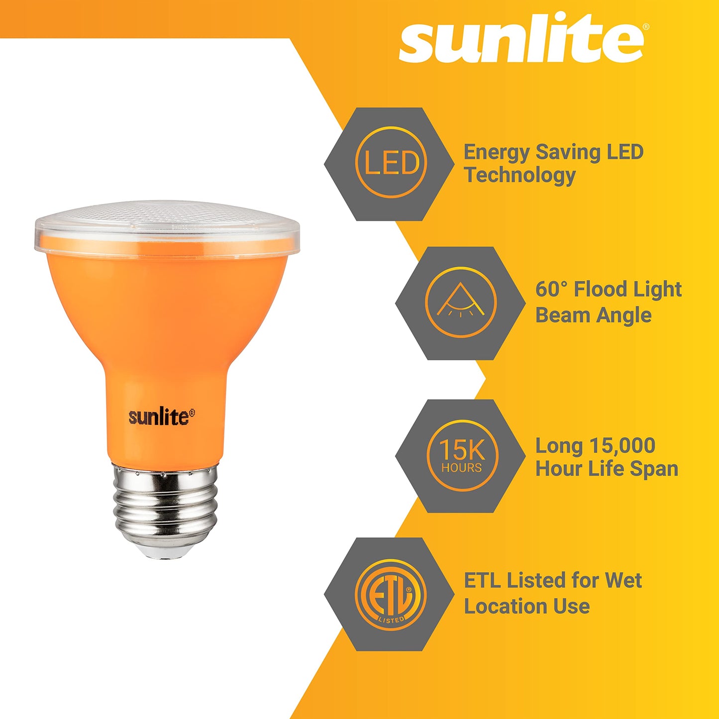 Sunlite LED PAR20 Colored Recessed Light Bulb, 3W (50W Equivalent), Medium E26 Base, Amber, 3 Count