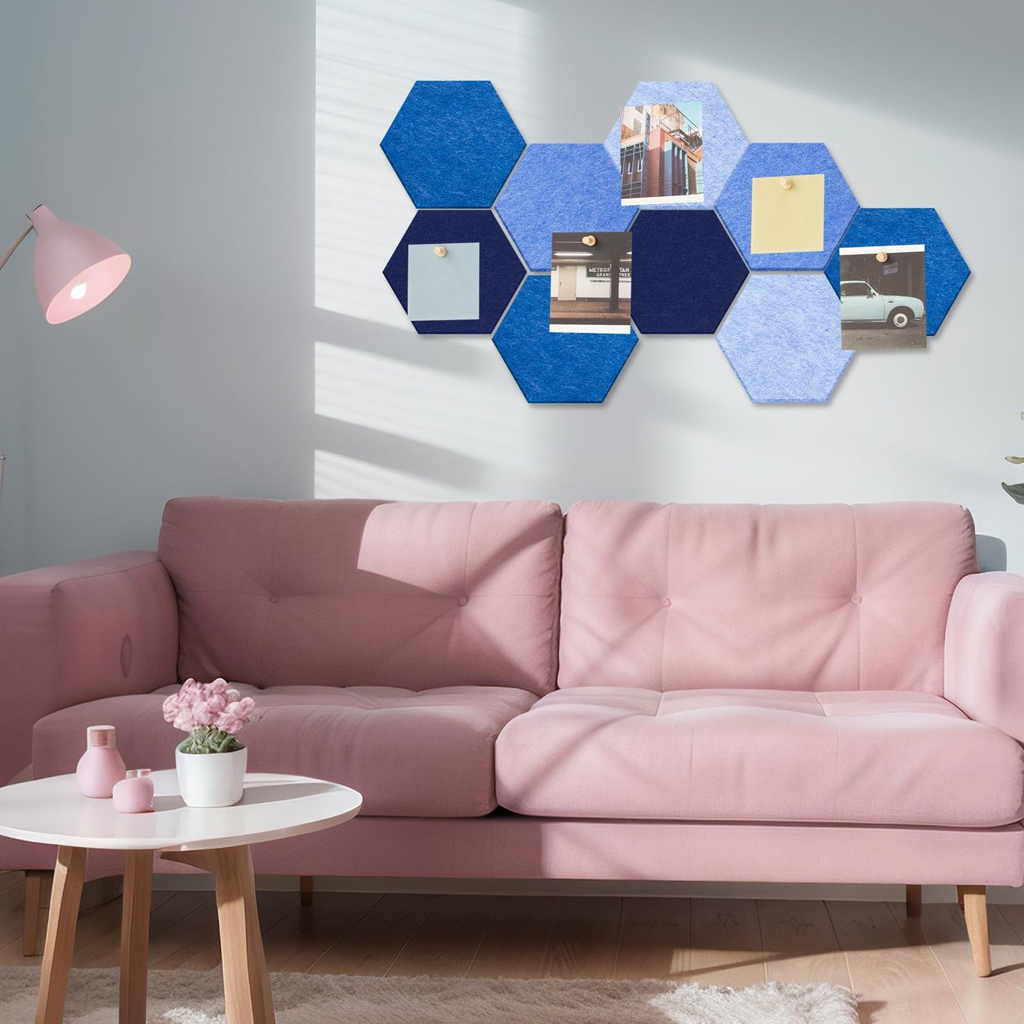 Mindsoft 16 Pcs Hexagon Cork Board for Walls with 50 Wooden Push Pins 6.7 x 5.9 in Felt DIY Tiles Notice with Nano Tape Hanging Bulletin Board for Home Photo Office Memo Note(Ocean)