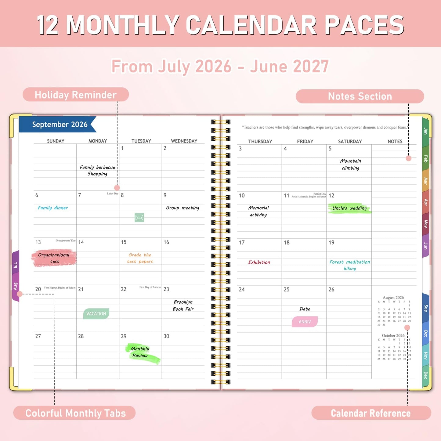 Teacher Planner 2026-2027, Jul 2026-Jun 2027 Academic Year, 8.5" x 11" Lesson Planner Book for Teacher Calendar, Spiral Bound Planners, Colorful Monthly Tabs, Planning Stickers, PinkCheckered