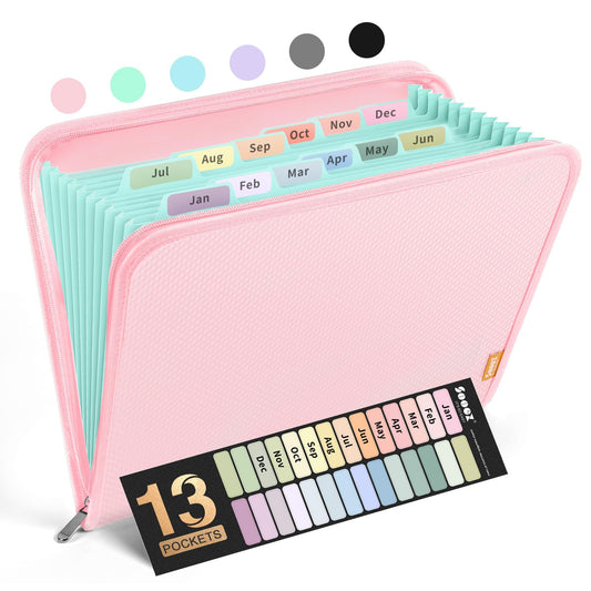 Sooez 13 Pocket Accordion File Organizer, Zipper Expanding File Folder Organizer, Reinforced Plastic Accordion Folder, A4 Letter Size, Portable Folders for Documents, Pink