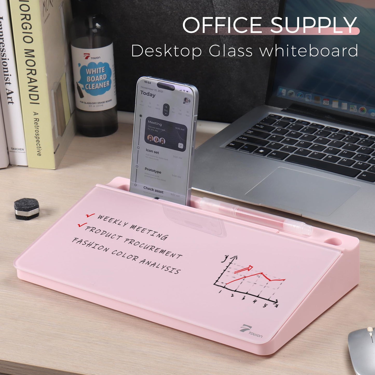 TOWON Small Compact Glass Desktop Whiteboard with Storage – 12 x 7 in Dry Erase Board for Desk, Home Office, School | Includes 5 Markers, Eraser & Holder | Space-Saving Organizer, Aesthetic Pink