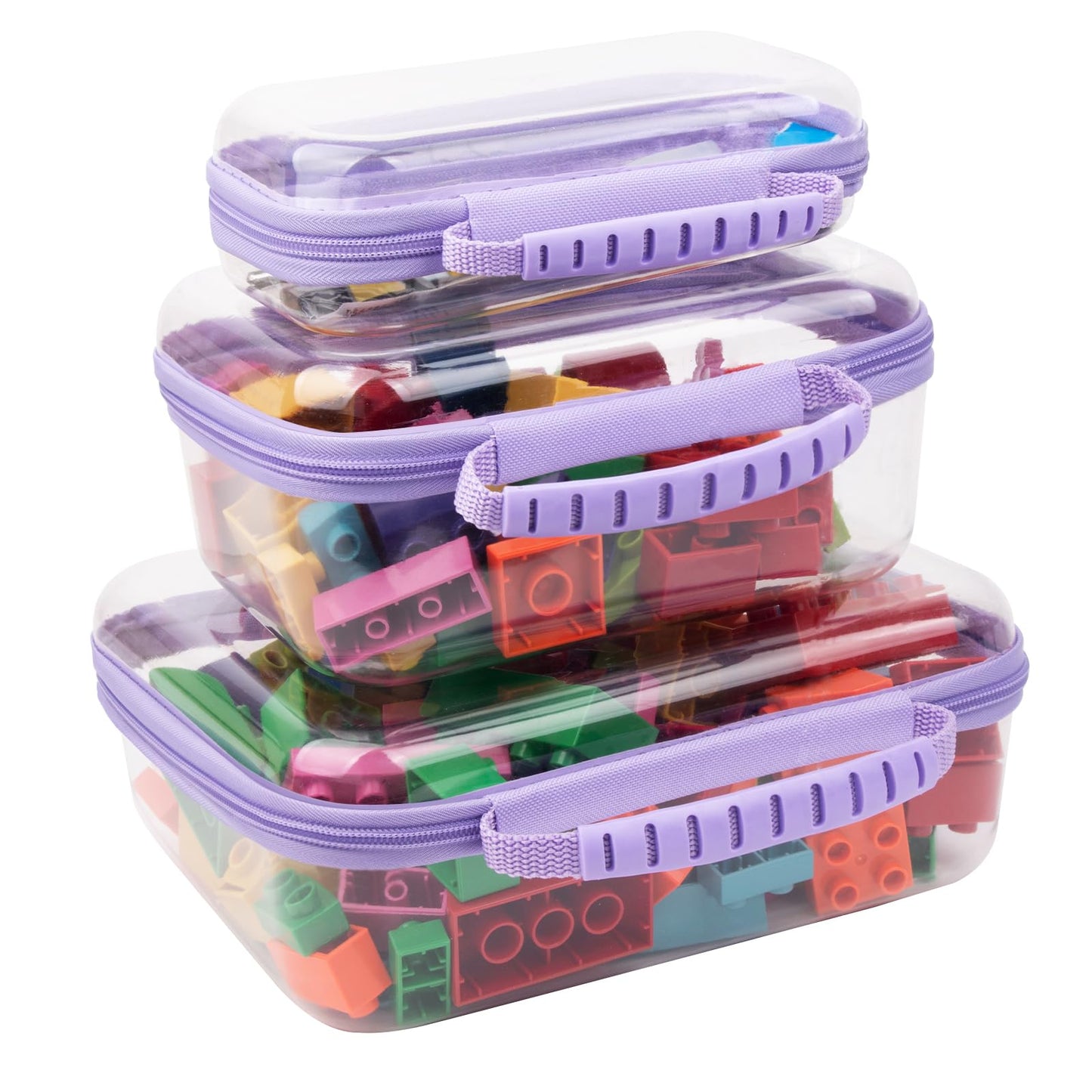 JeeVoya 3 PCS Clear Zipper Pouches with Handle, Diaper Bag Organizer, Clear Makeup Bags Hardshell Toy Storage Bins with Zipper Toiletry Pouch Bag for Cosmetics Pencils Puzzles, Building Blocks(Purple)