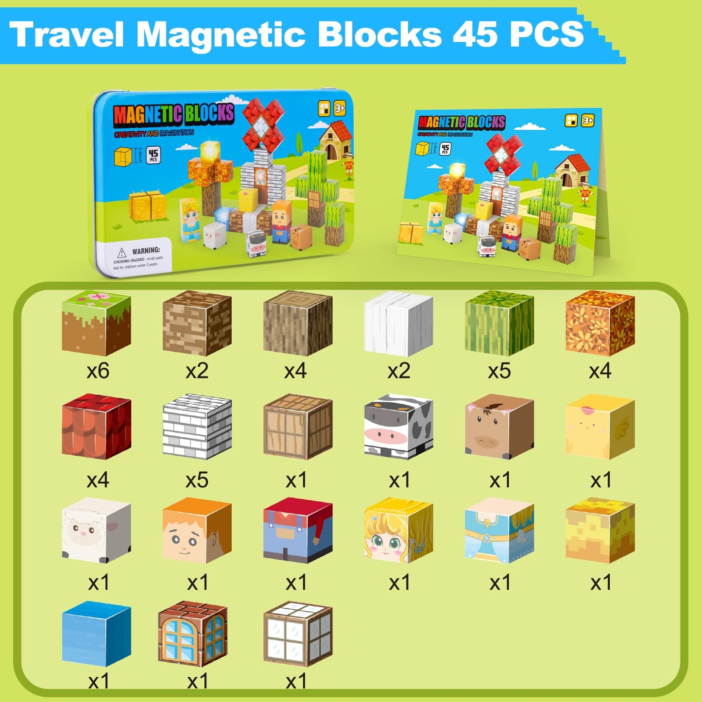 Aywewii Magnetic Blocks 45 PCS Travel Toys for Kids Ages 3-5, Toddler Magnetic Building Cubes STEM Learning Set with Iron Case - Portable Building Toys Gift for Boys and Girls (Farm Edition 1)