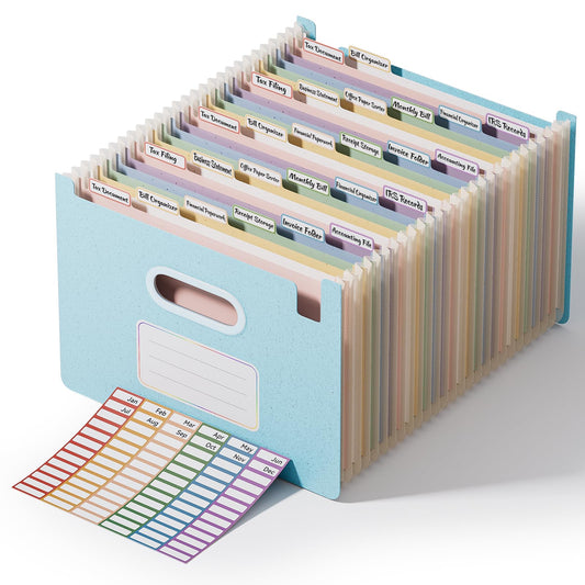 ThinkTex 26-Pocket Accordion File Organizer, Upright Open Top, Monthly Tabs, High Capacity Wheat Straw Expanding File Folder, Fits Letter A4 & Manila Folders for School Home Office- Sky Blue