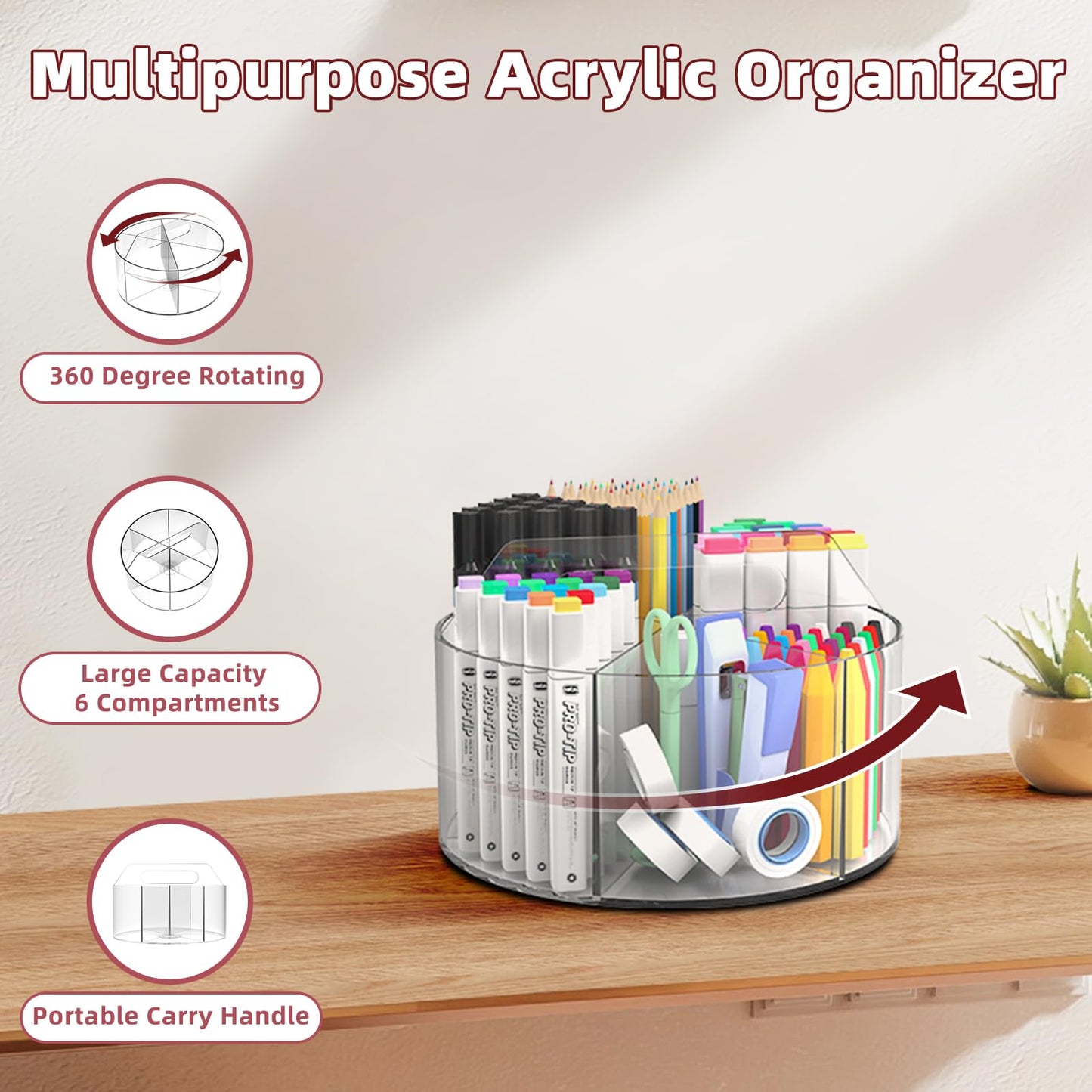 Absonic 250pcs Acrylic Pencil Holder Marker Organizer, 360-Degree Rotating Pen Holder, Crayon Organizers for Kids Pencil Organizer Caddy Art Supply Lazy Susan Organizer for Desk Home School Office