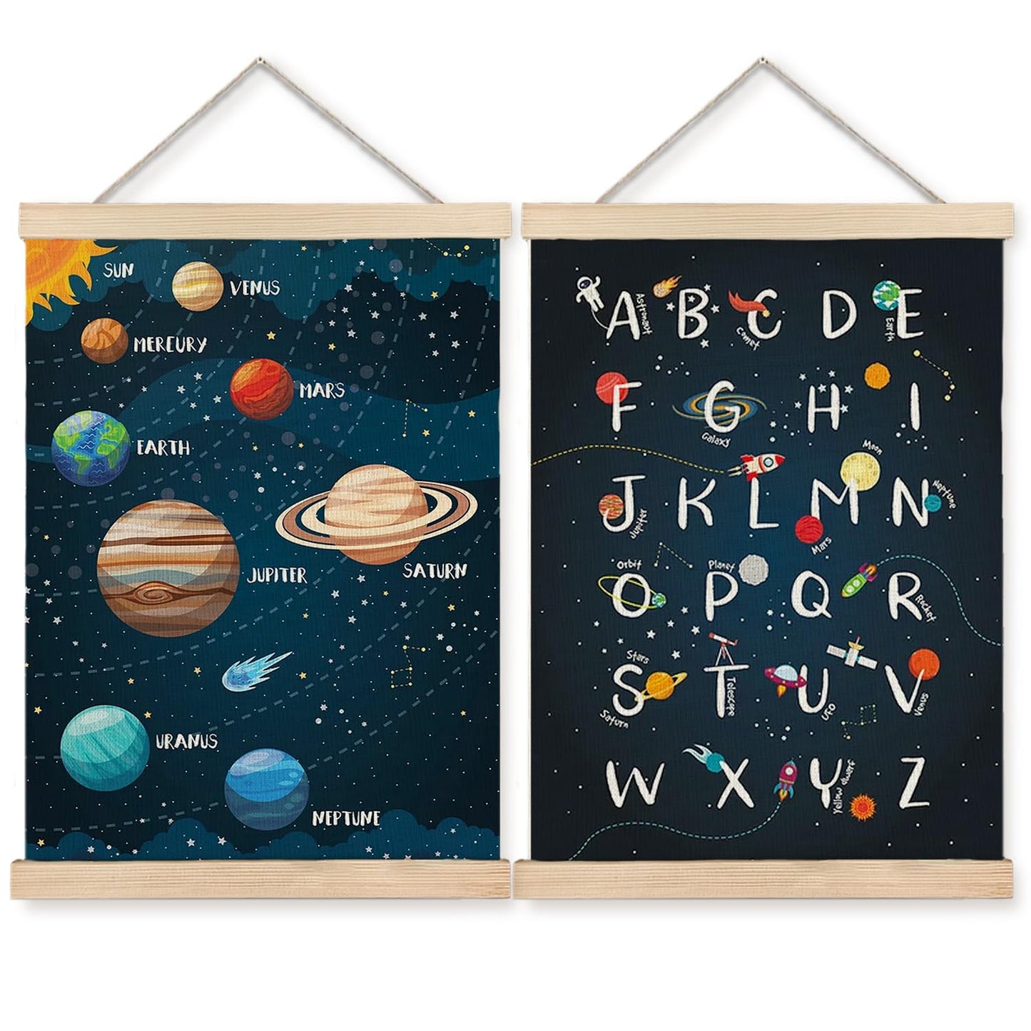 BearCake Nursery Playroom Classroom Toddler Space Solar System Alphabet Learning Kids Posters Wall Decor Art,Kids Room decor,12x16 Inch Set of 2