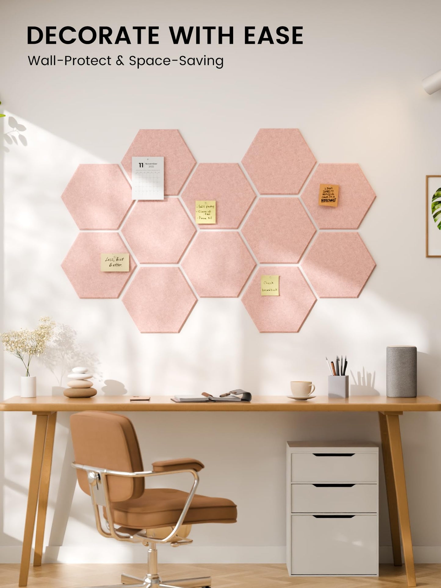 Fluxynara Hexagon Cork Board Alternative for Walls Decor-12-Pack Felt Bulletin Board Tiles,with 30 Pushpins,70 Adhesive Tabs for Office,Classrooms & Home Pin Board Felt Board-Pink