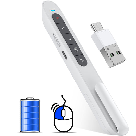2 in 1 USB Type C Wireless Rechargeable Presenter Remote with Air Mouse, Volume Control Presentation Clicker PPT Pointer RF 2.4GZ PowerPoint Clicker Slide Advancer for Window Mac Keynote Google White