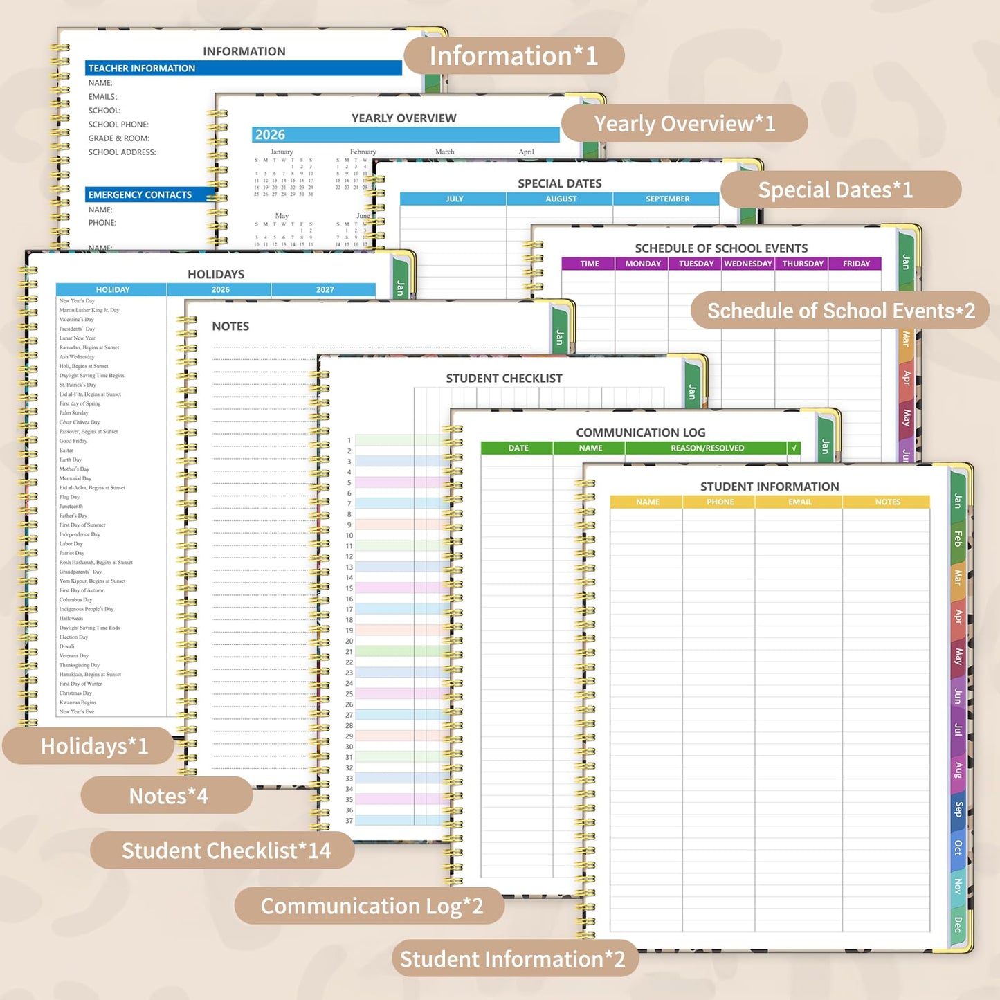 Teacher Planner 2026-2027, Jul 2026-Jun 2027 Academic Year, 8.5" x 11" Lesson Planner Book for Teacher Calendar, Spiral Bound Planners, Colorful Monthly Tabs, Planning Stickers, Leopard