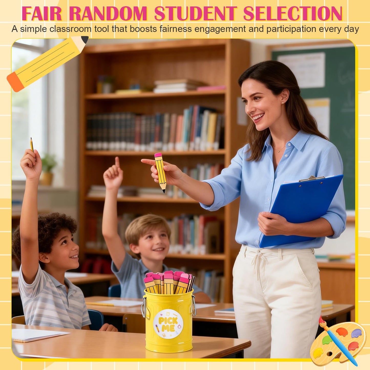 Jieting 101 Pcs Pencil Flip Name Sticks with Metal Holder and Sticker, Random Student Selector Pick Me Sticks for Teacher Classroom Management and Learning Activities