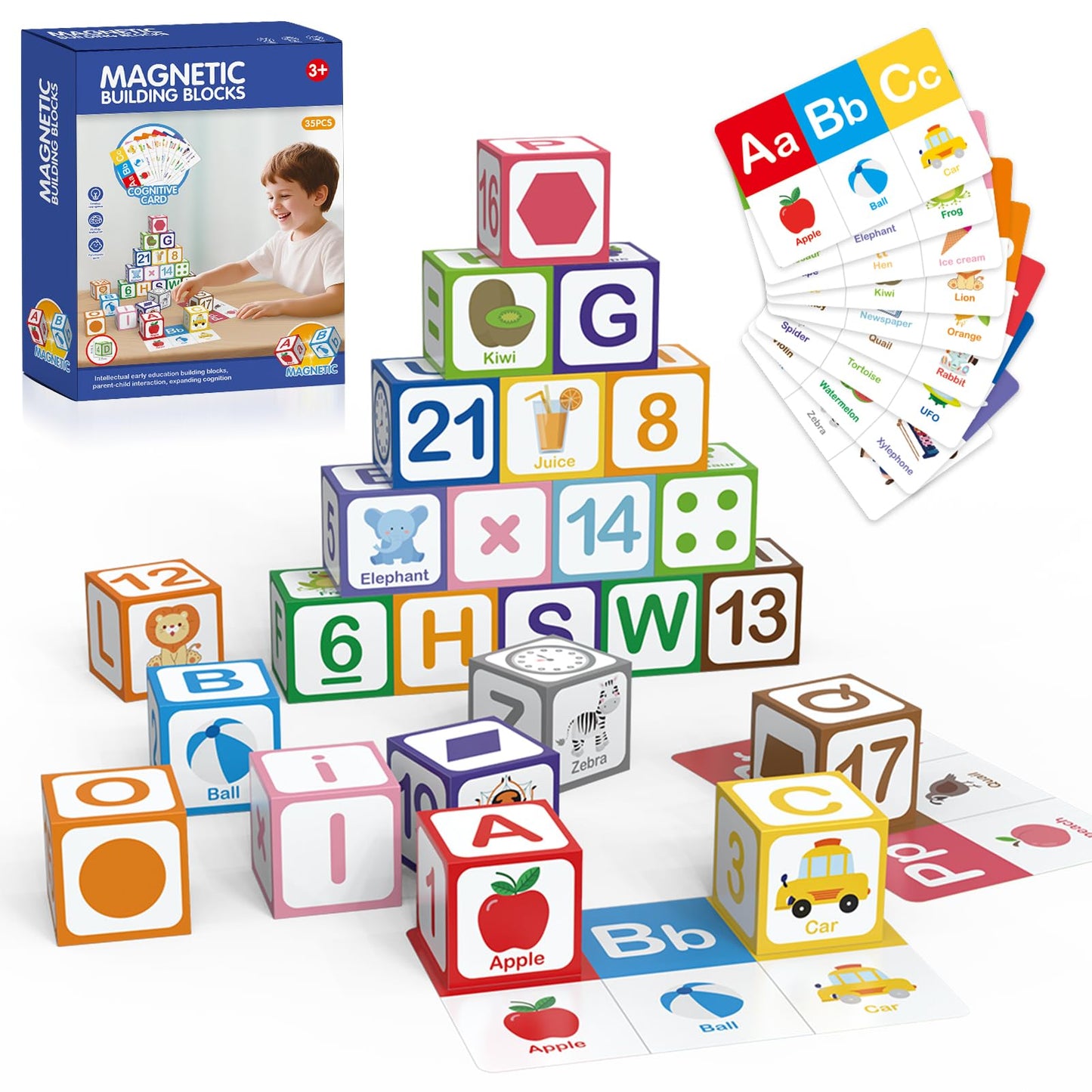 26 Pcs Magnetic Alphabet Blocks for Toddlers 1-3, ABC & Number Stacking Blocks with 9 Learning Cards, Educational Montessori STEM Toys for Kids Ages 3+ ，Montessori Toys for Boys Girls Gifts