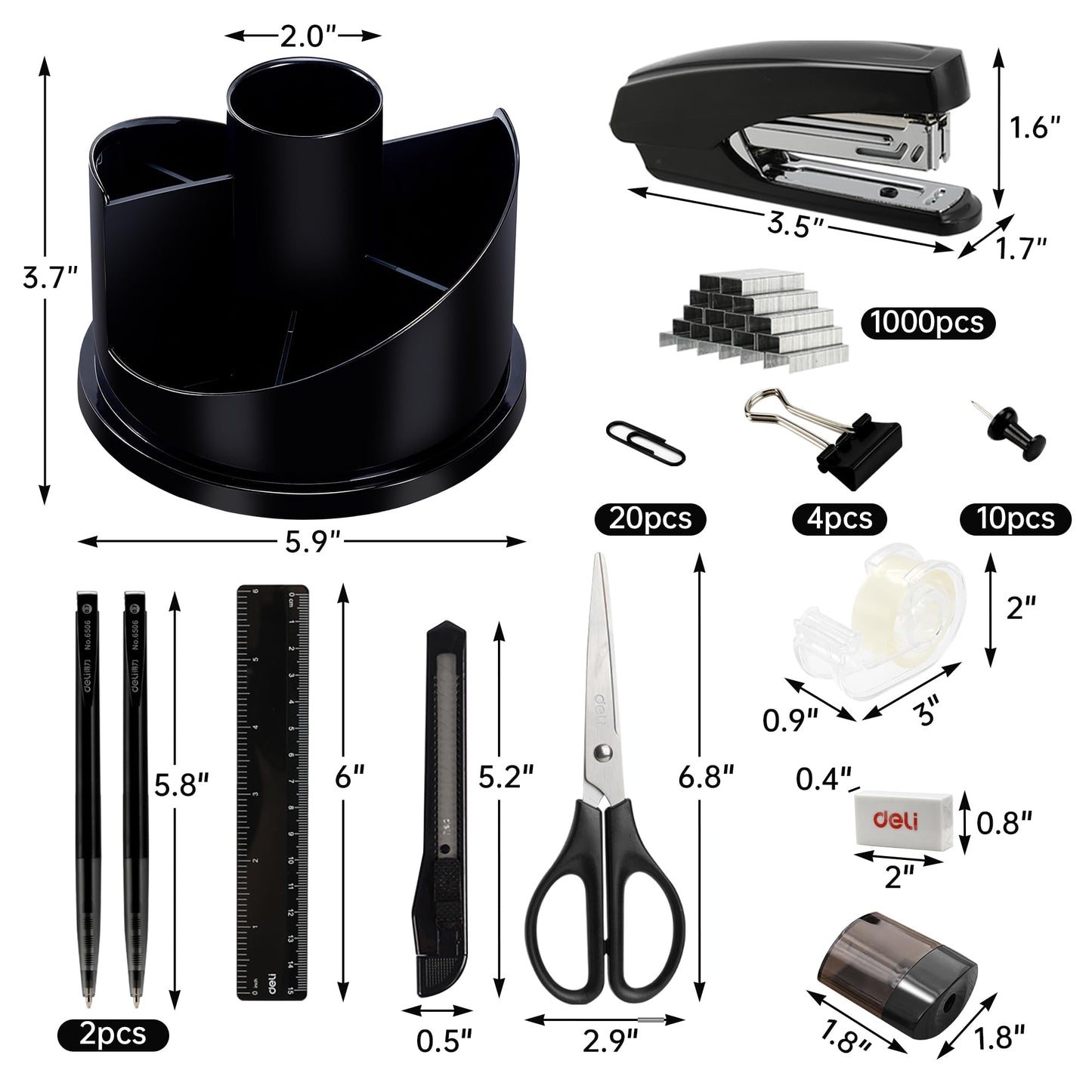 deli Office Supplies Set, 1045 Pcs-Desk Accessory Organizer Kit, Stapler Set, Rotating Multi-Functional Pen Holder, Tape Dispenser, Pens, Binder Clips, Sharpener, Scissor, Eraser, Black