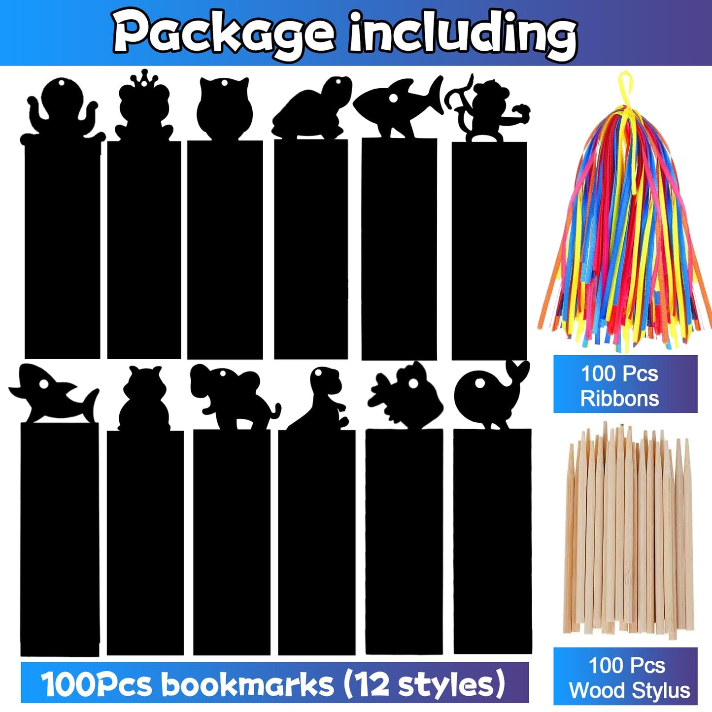 Tcvents 100 Sets Bookmark Making Kit, Scratch Art DIY Animal Bookmarks Bulk with 100 Pcs Ribbons and 100 Pcs Wood Stylus for Classroom Activities Mini Cards for Kids Craft Kits Student Prizes Gifts