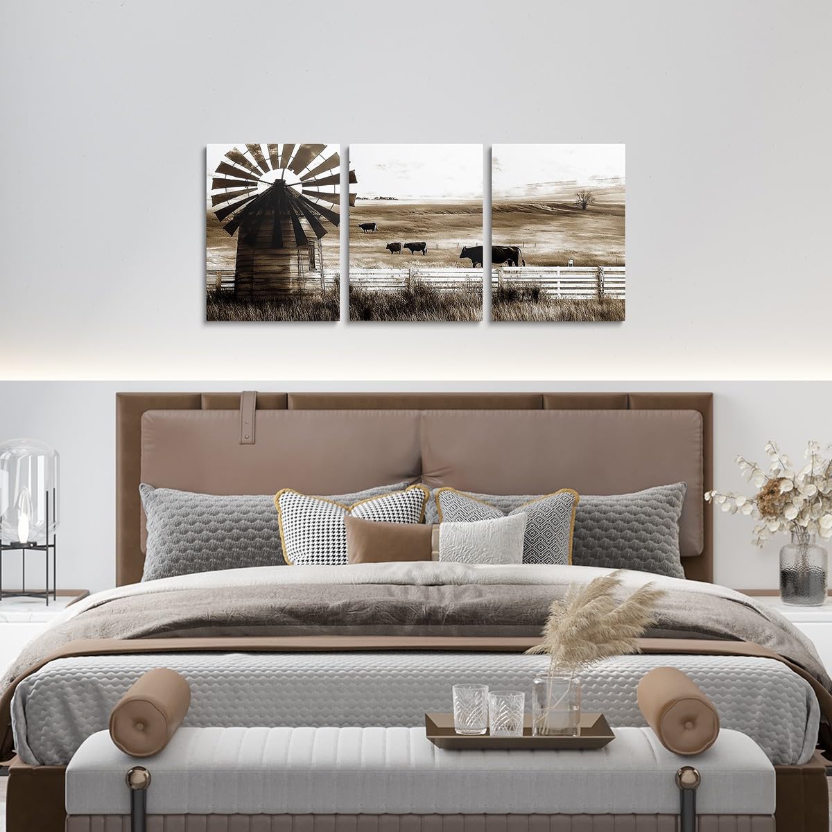 jejeloiu Rustic Windmill Canvas Wall Art for Living Room Bedroom 12"x16"x3pcs Western Cow Grass Picture Wall Decor for Bathroom Retro Farmhouse Office Decorations Artwork Posters Farm Nursery Painting