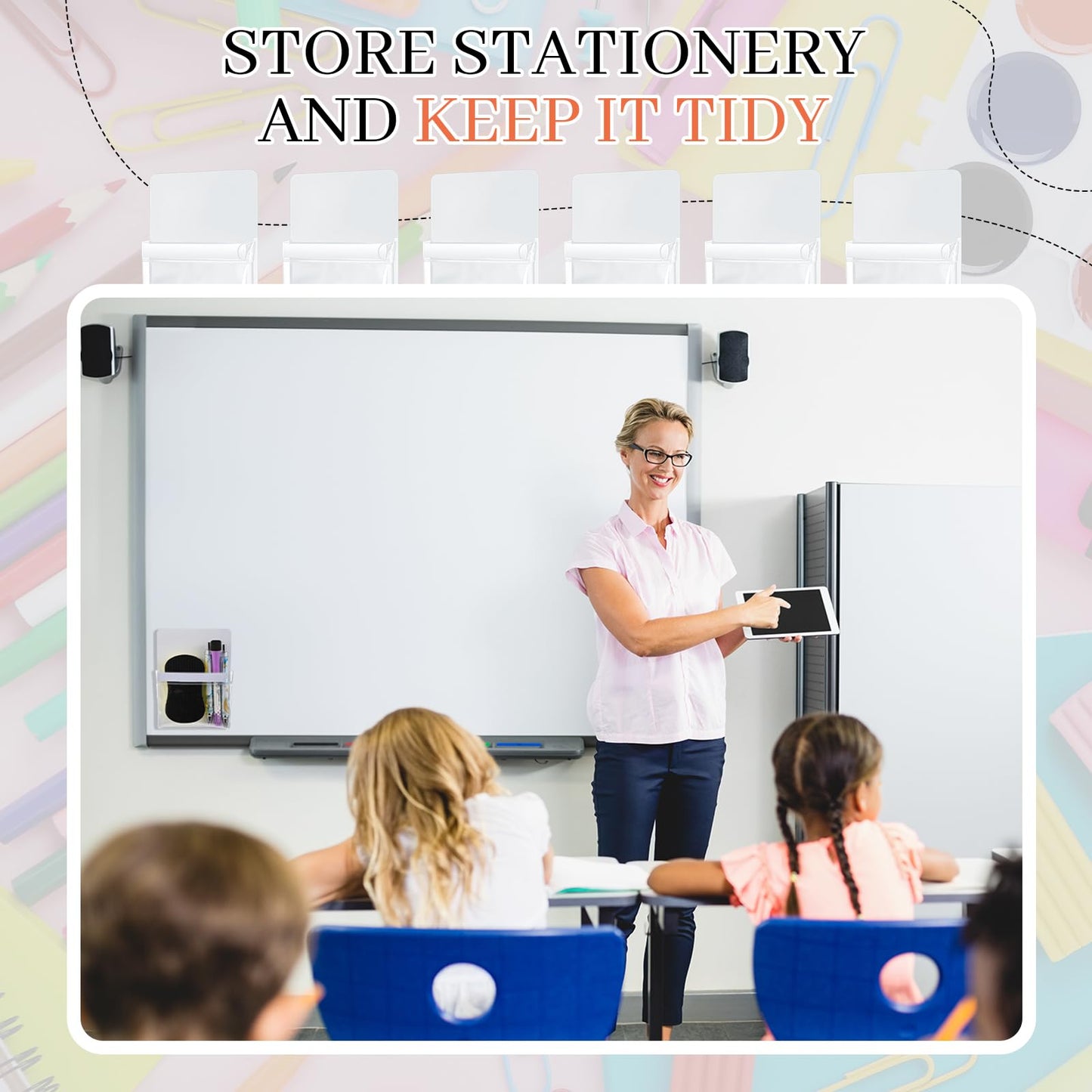 Sherr 6 Pcs 6 Pcs Magnetic Pockets Pen Marker Holders for Classroom Whiteboard 4.7 x 6.5 Magnetic Clear File for Fridge Locker Dry Erase Marker Storage Teacher Supplies (4.7 x 6.5 in,White)