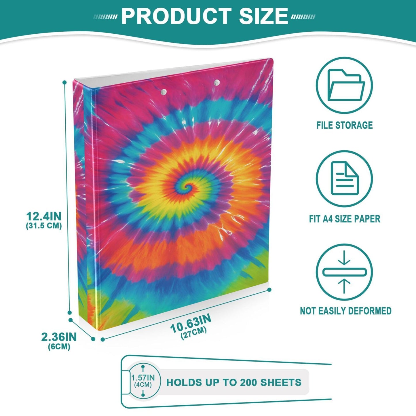 Tie Dye Round Ring Binders 1.5 Inch Rainbow 3 Ring Clipboard Binder for Office School Work Supplies File Folder 200 Sheet Capacity