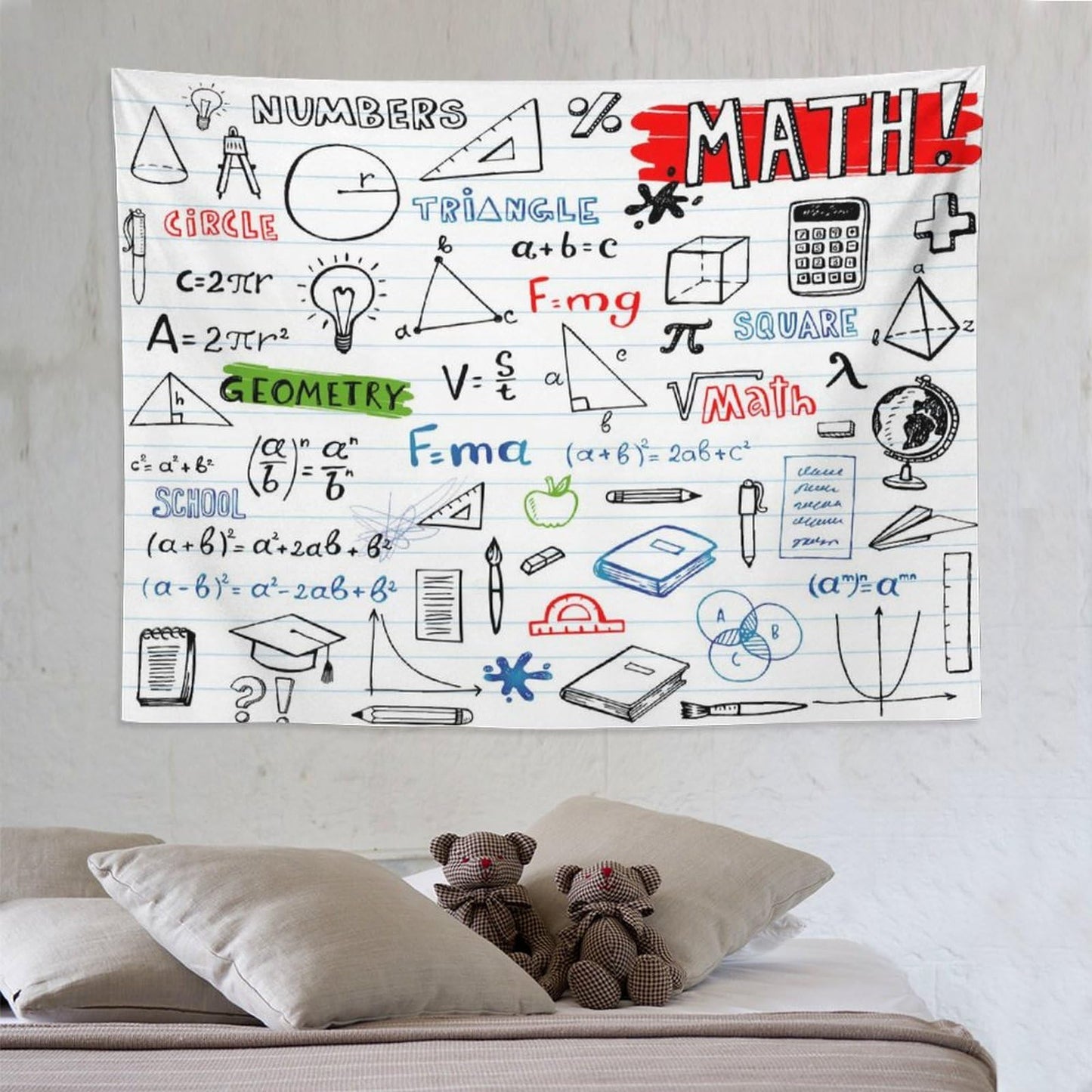 DDCBNS Math Symbols Tapestry,Funny Equations Geometry Function Print Educational Tapestry Wall Hanging Home Décor for Study Classroom Bedroom Living Room Office 80" x 60"