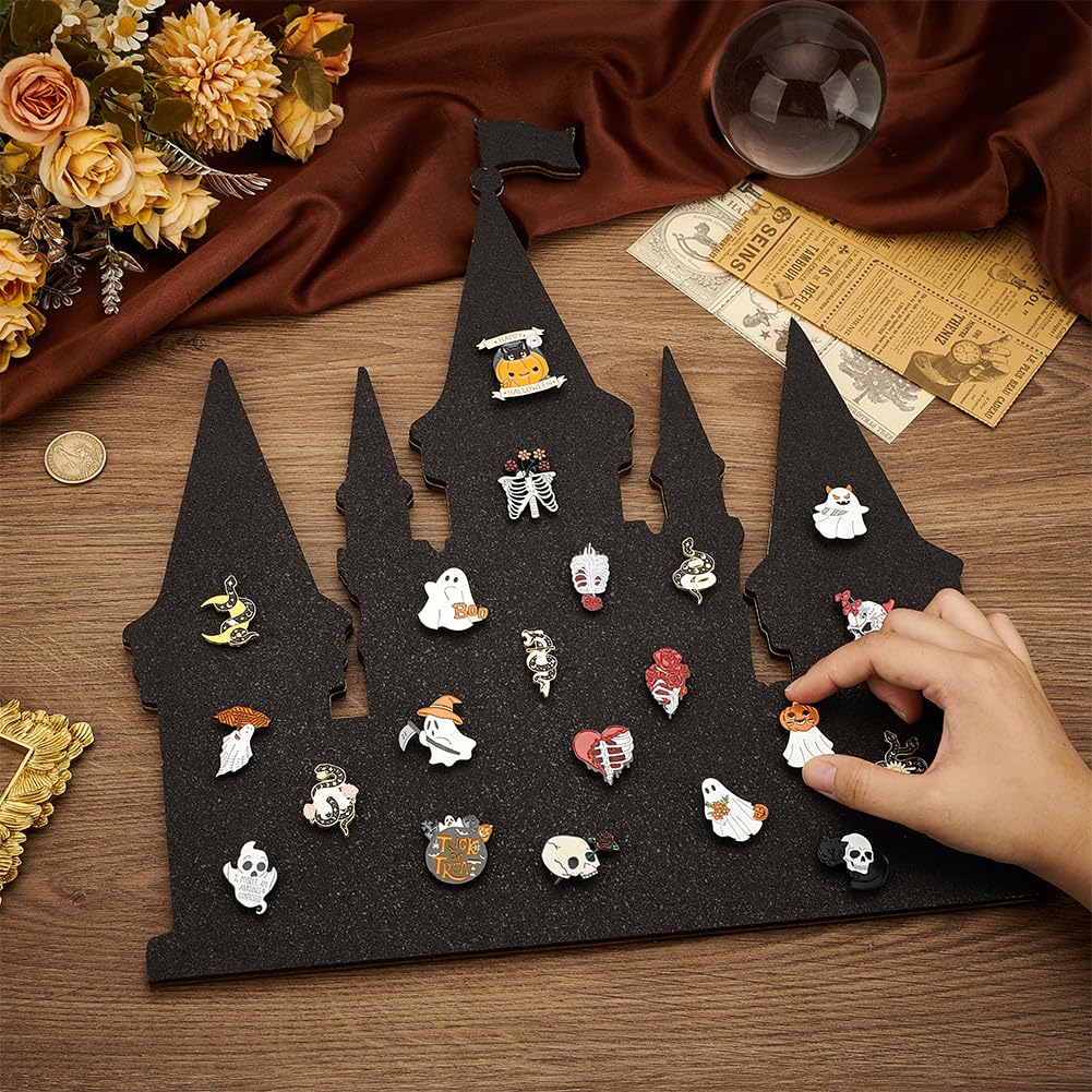BENECREAT Castle Pin Cork Board, 14.2x11.8Inch Black Bulletin Display Board Wall Mounted Cork Board for Office Home and School Decor, Brooch Pin Collection Display