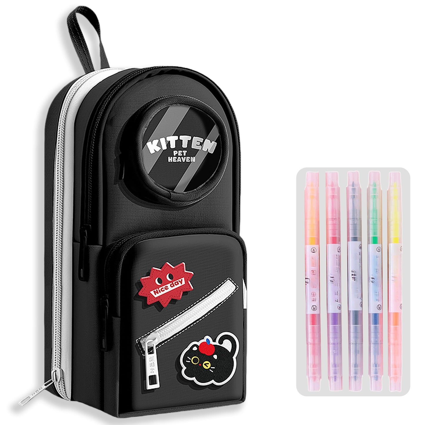 UINSUE Mini Backpack Pencil Case Art Marker Storage Canvas Makeup Pocket Small Gadget Bag Organizer Random Free of Highlighters (BLACK -CAT)