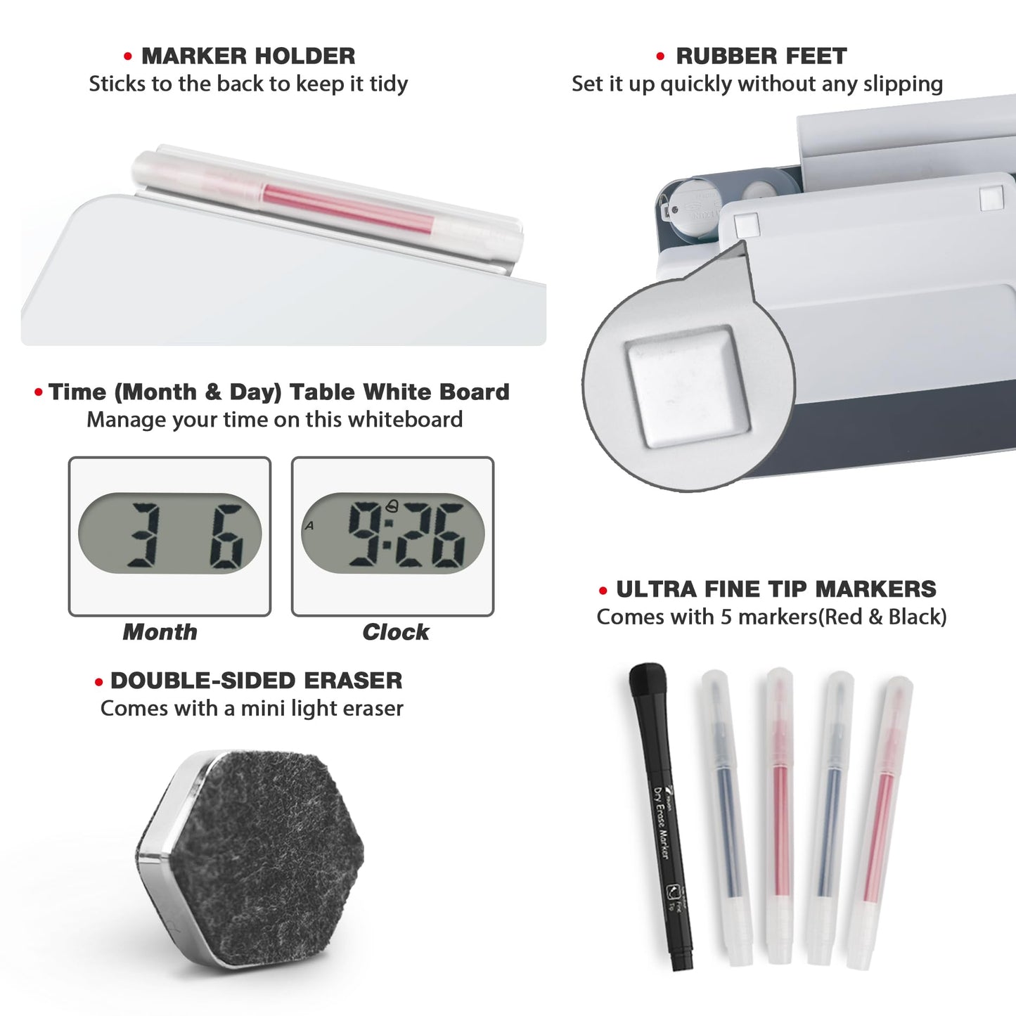 Small Glass Desk Whiteboard Dry-Erase Board with Clock, Small Travel Clock Keychain with Desk Notepad, Time Table Whiteboard for Desk Digital LED Light Display, 8x6 in with Accessories, White