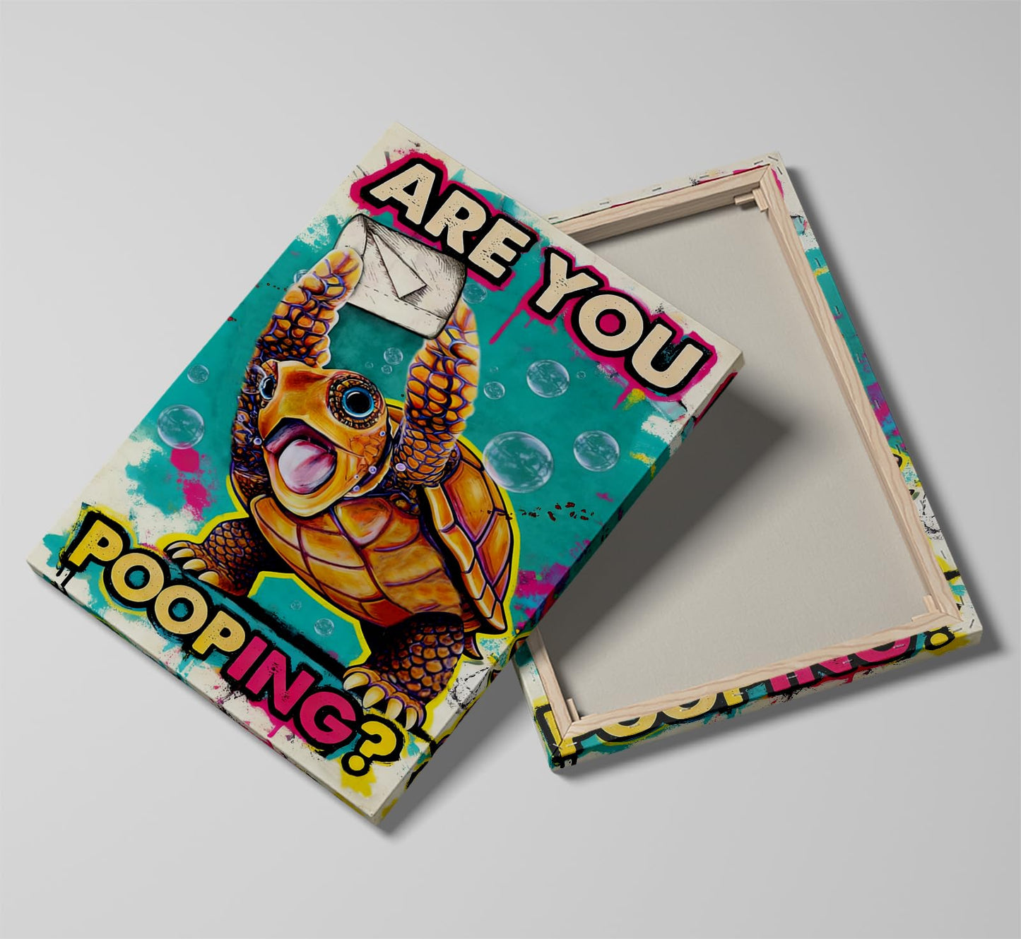 Funny Turtle Bathroom Wall Art Painting, Are You Pooping? Graffiti Humor Canvas Print, Teal Pop Art Bathroom Poster Decor, 12x16 Inch Framed Wall Picture for Bathroom Restroom Toilet Washroom