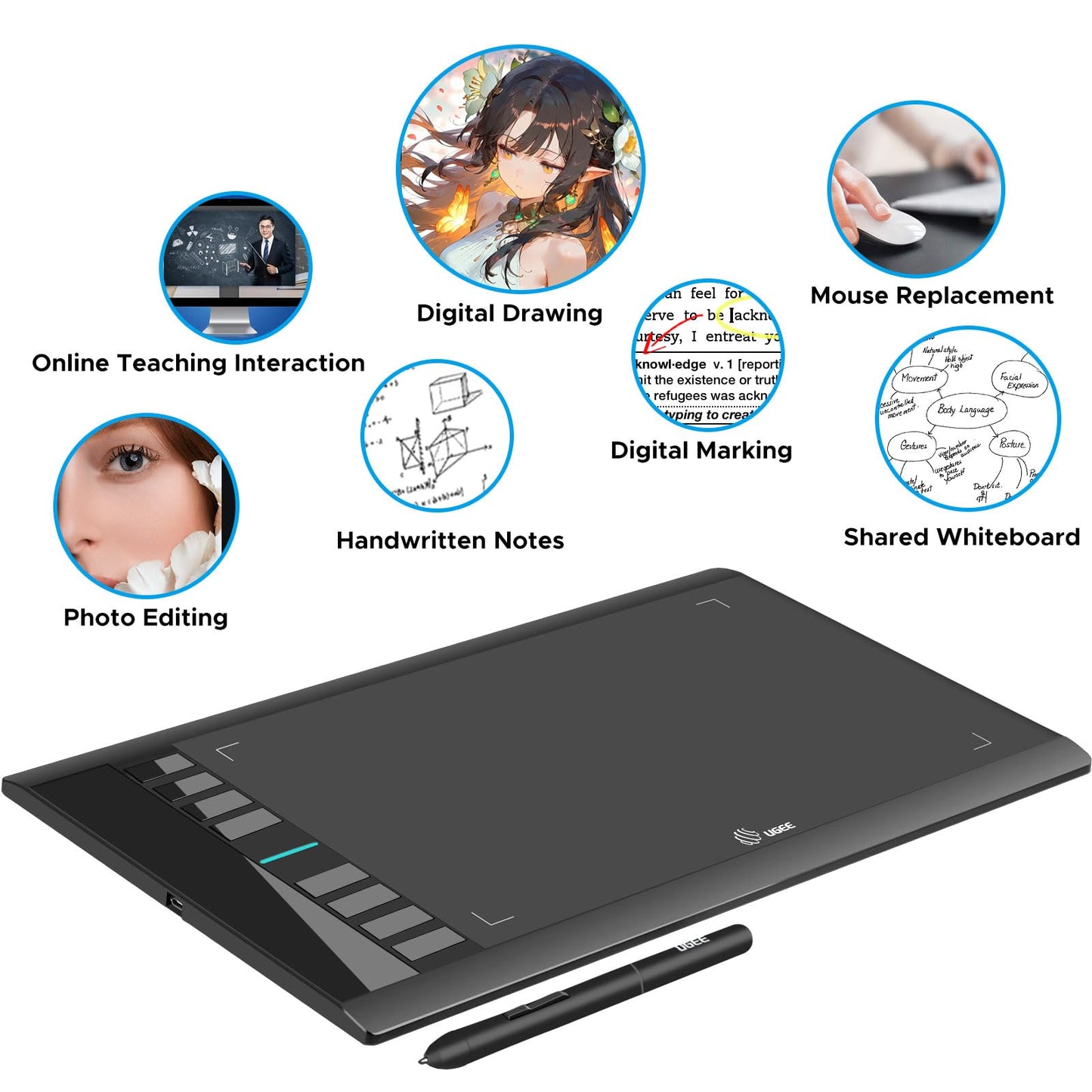 Graphics Drawing Tablet, UGEE M708 10 x 6 inch Large Digital Drawing Pad with 8 Hot Keys 8192 Levels Pen, Graphic Tablets for Computer Graphic Board Creation Sketch for PC/Laptop/Mac OS/Linux/Chrome
