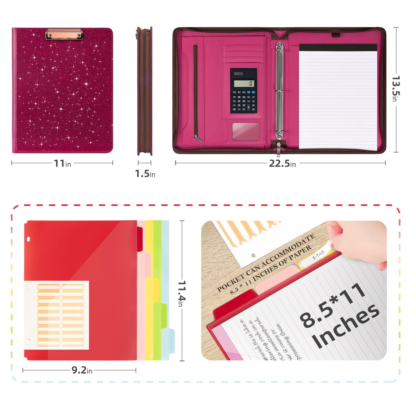 Ospelelf Zipper Clipboard with Storage, Leather Padfolio Portfolio Folder, 3 Ring Binder Dividers with Tabs, 12.1” Tablet Sleeve, Refillable Notepad, Card Slot (Rose Red)