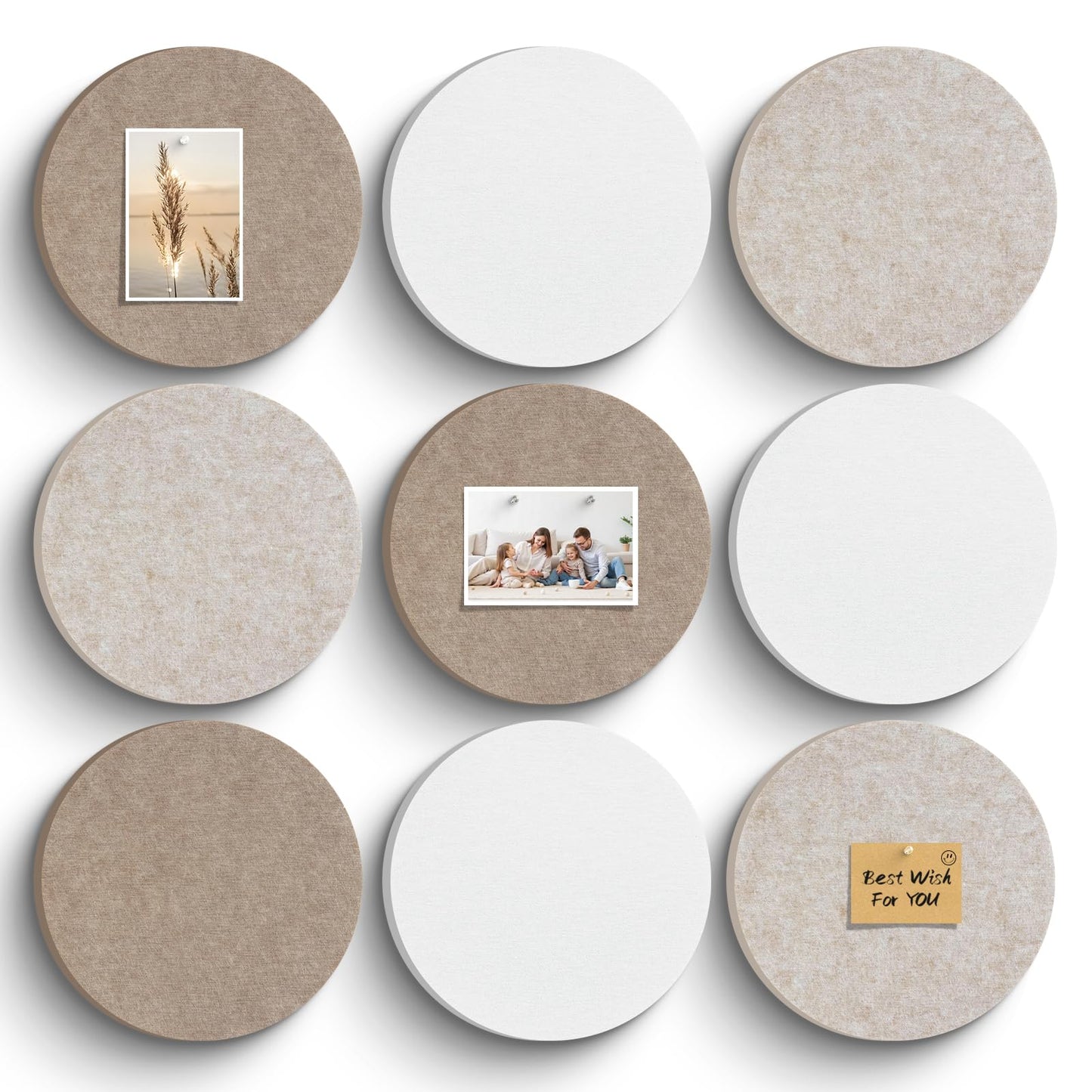 Bulletin Board, 11.8'' X 11.8'' Cork Board Alternative, 9 Pack Round Felt Board with Pushpins, Decorative Felt Notice Vision Board Photo Display Board for Office Home School Wall