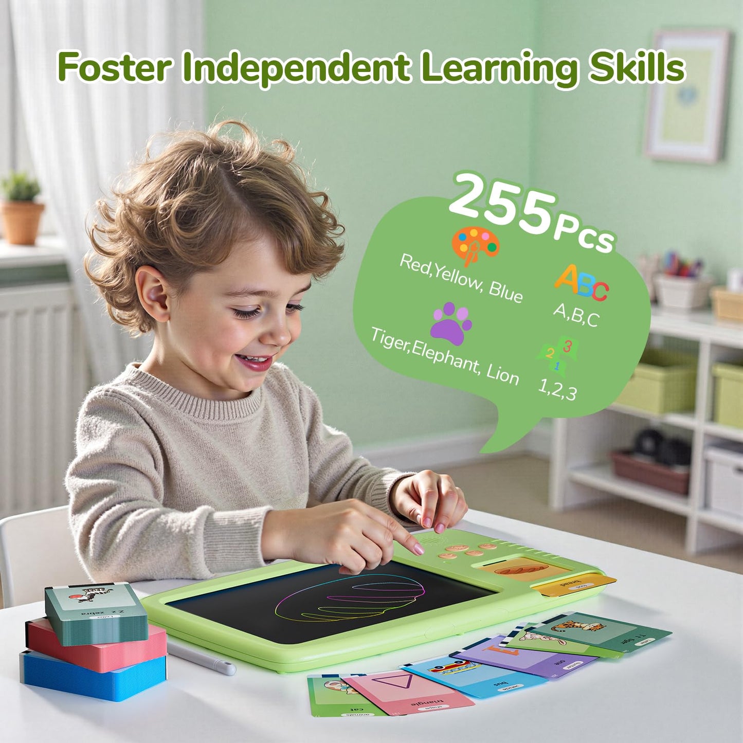 ZONSTVYS Talking Flash Cards for Toddlers: 2-in-1 LCD Writing Tablet with 510 Sight Words, Montessori Language Learning, Autism & Speech Therapy Toys for Children Ages 1-6, Green