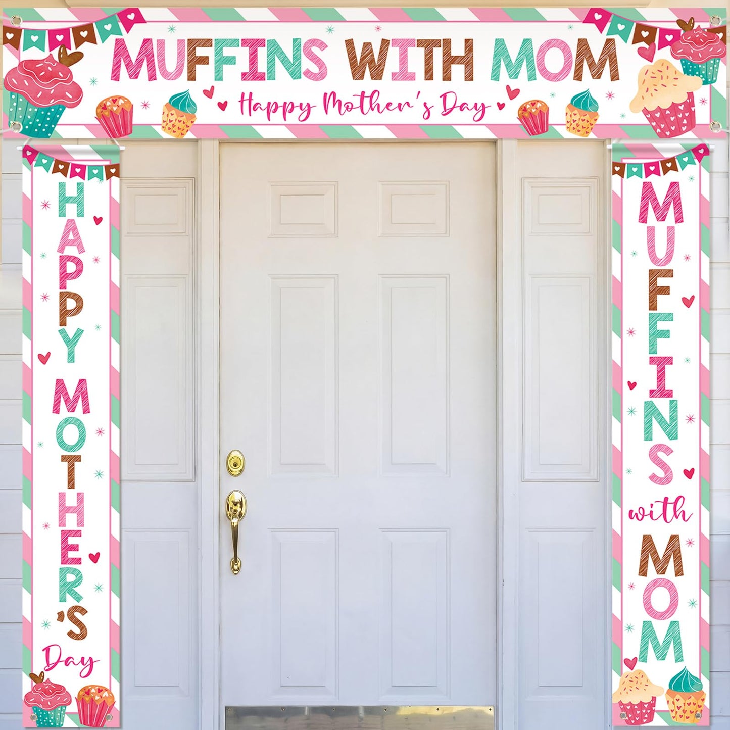 Fanfanwin 3 Pcs Happy Mother's Day Banner Muffins with Mom Decoration Mothers Day Banner Cake Love Mom Thank You Mama Party Supplies for Women Mama Wife Photo Booth Studio Props
