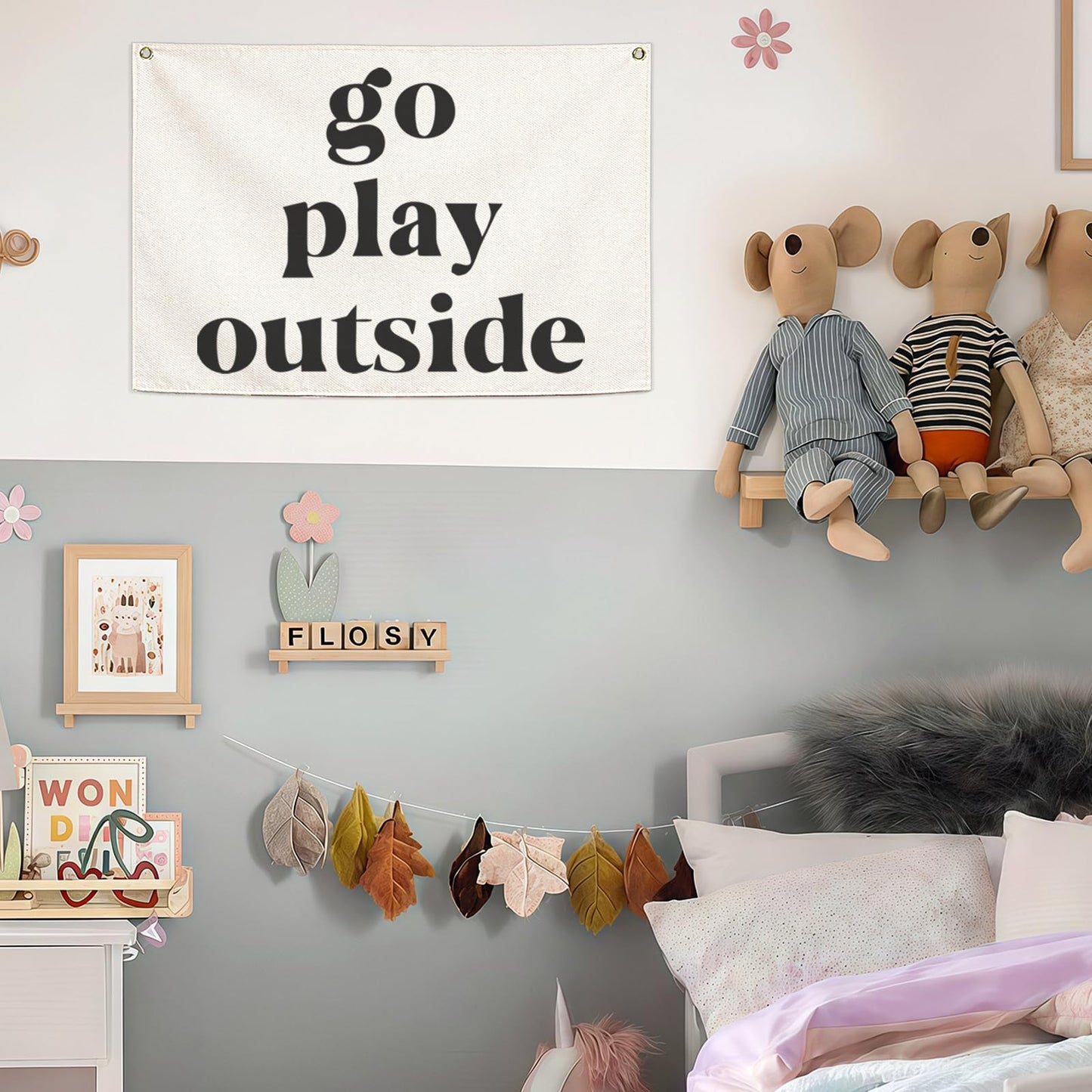 Nursery Rectangular Canvas Banner Wall-Hanging Flag Wall Art Decor for Baby Boy Girl,Kids Room Playroom Bedroom Game Room Kindergarten Decor,Birthday Christmas Gift-Go Play Outside-28.5"L×20"W
