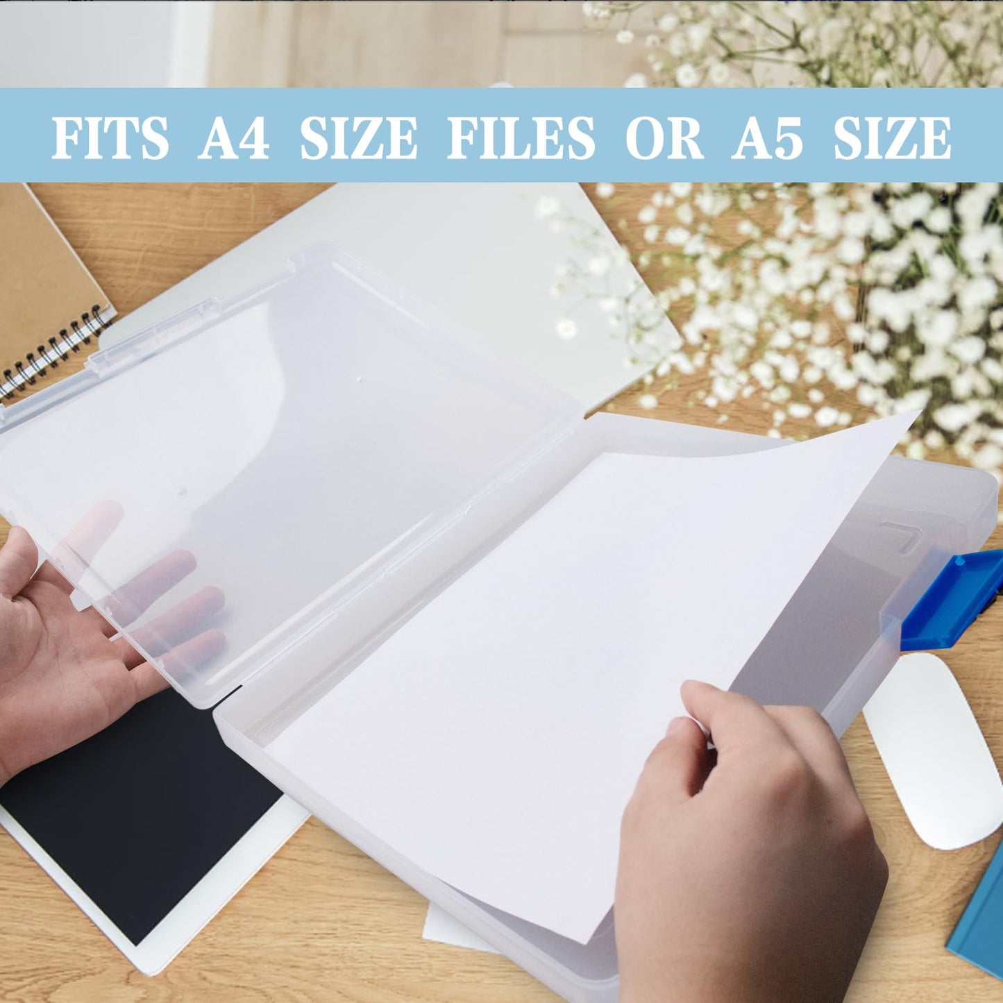 12 Pcs Clear A4 A5 File Box Document Plastic Storage Box with 48 Labels File Holder Organizer Paper Plastic Case Magazine Protector with Buckle Office School Supplies(Blue)