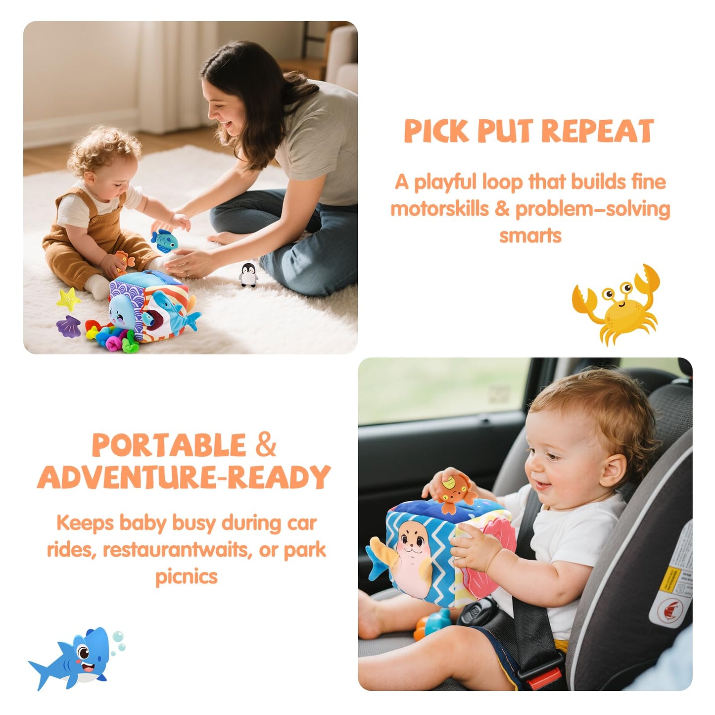 SAIMAND Baby Toys 6-12 Months–Mystery Soft Box with 5 Plush Marine Animals,Rattle,Crinkle Paper & Mirror–Montessori Sensory Toys for 6 Month Old Babies 1-3 Year Old Boy Girl Birthday