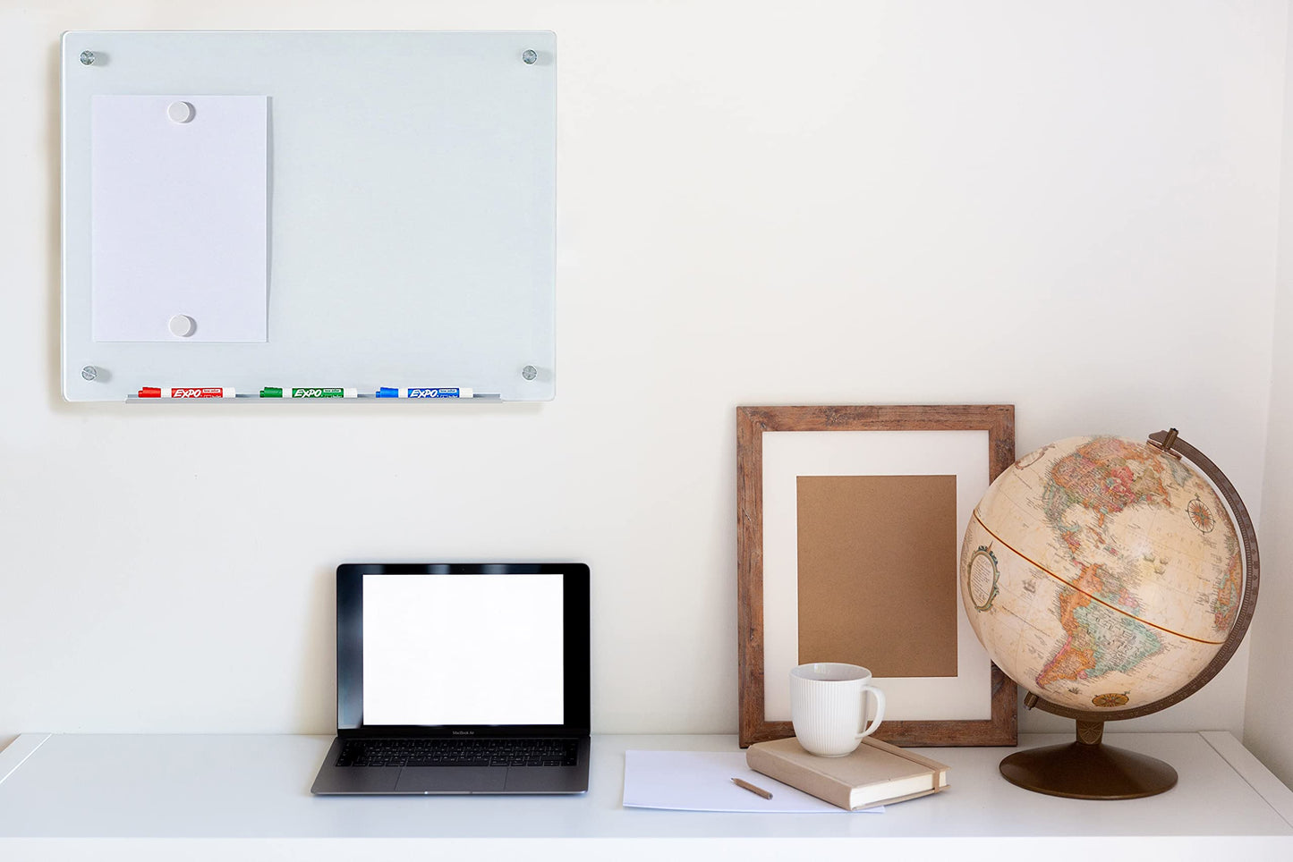 Audio-Visual Direct Magnetic White Glass Dry-Erase Board Set - 2' x 1.5' - Includes Magnets, Hardware & Marker Tray